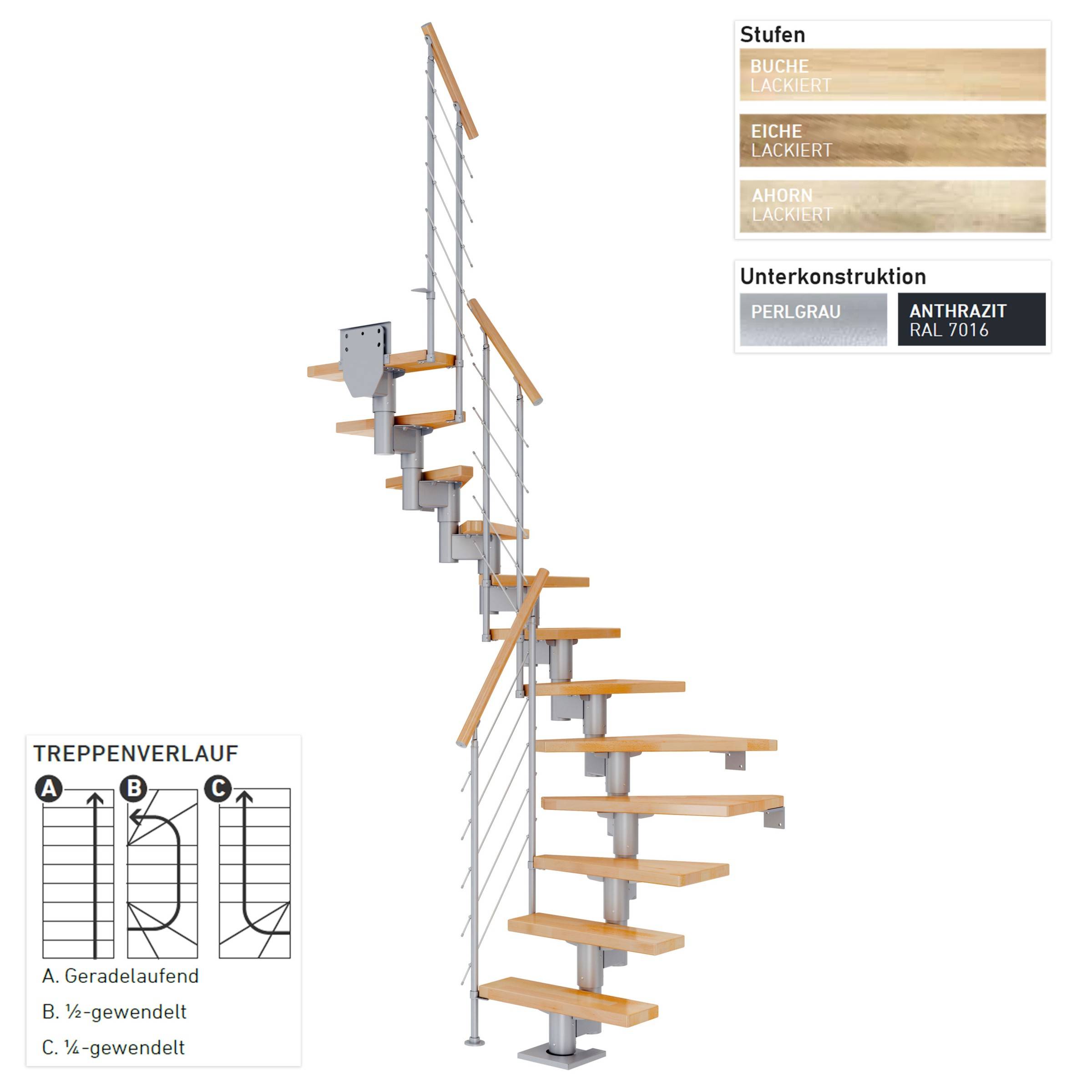Dolle Mittelholmtreppe Dublin 1/4 gewendelt aus Ahorn lackiert 61 cm breit für GH 259–315 cm UK Metall Perlgrau mitlaufende Edelstahlstäbe