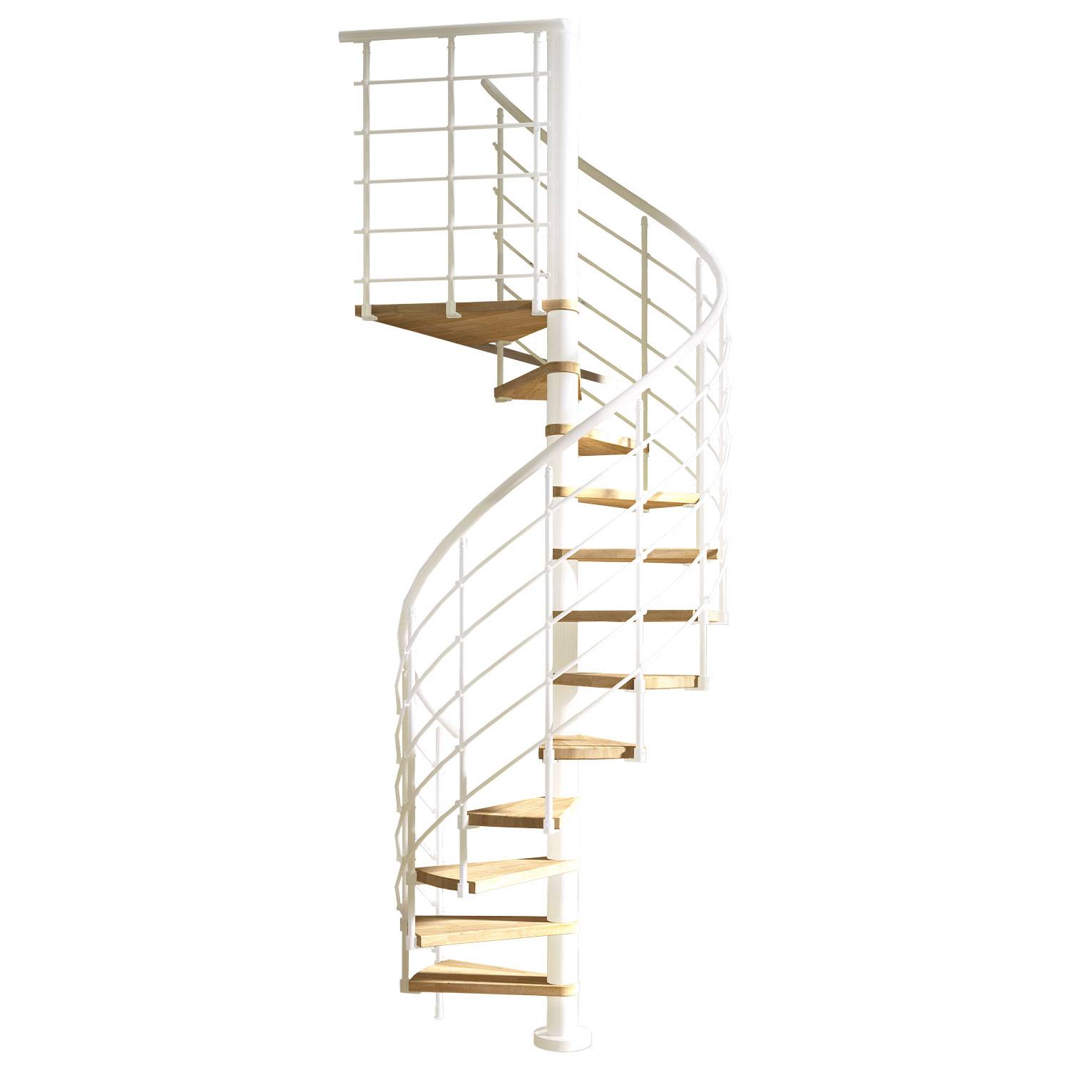Dolle Spindeltreppe Oslo Ø140cm mit 315-345cm Geschosshöhe 14 Stufen Eiche lackiert Geländer weiß, mitlaufende Kunststoffstäbe