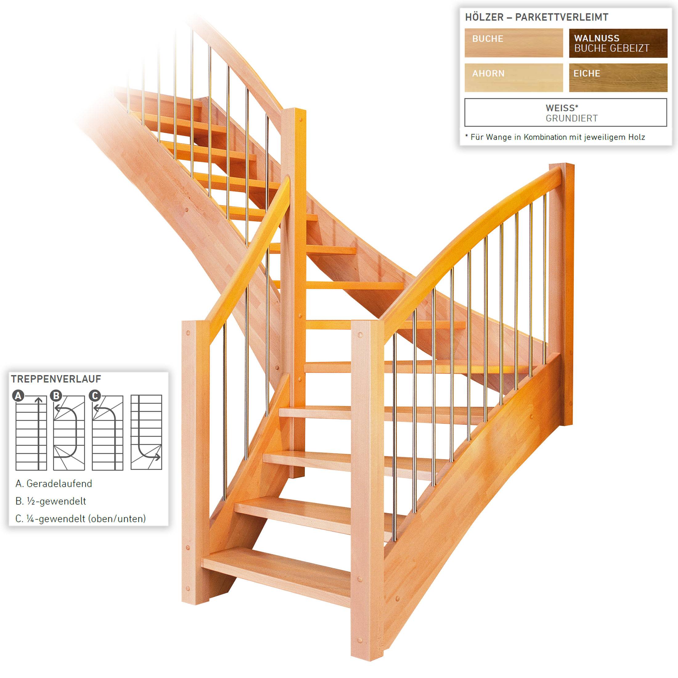 Dolle Geschosstreppe Orly 1/2-gewendelt 252-280cm GH mit Edelstahlgeländer Buche Walnuss gebeizt