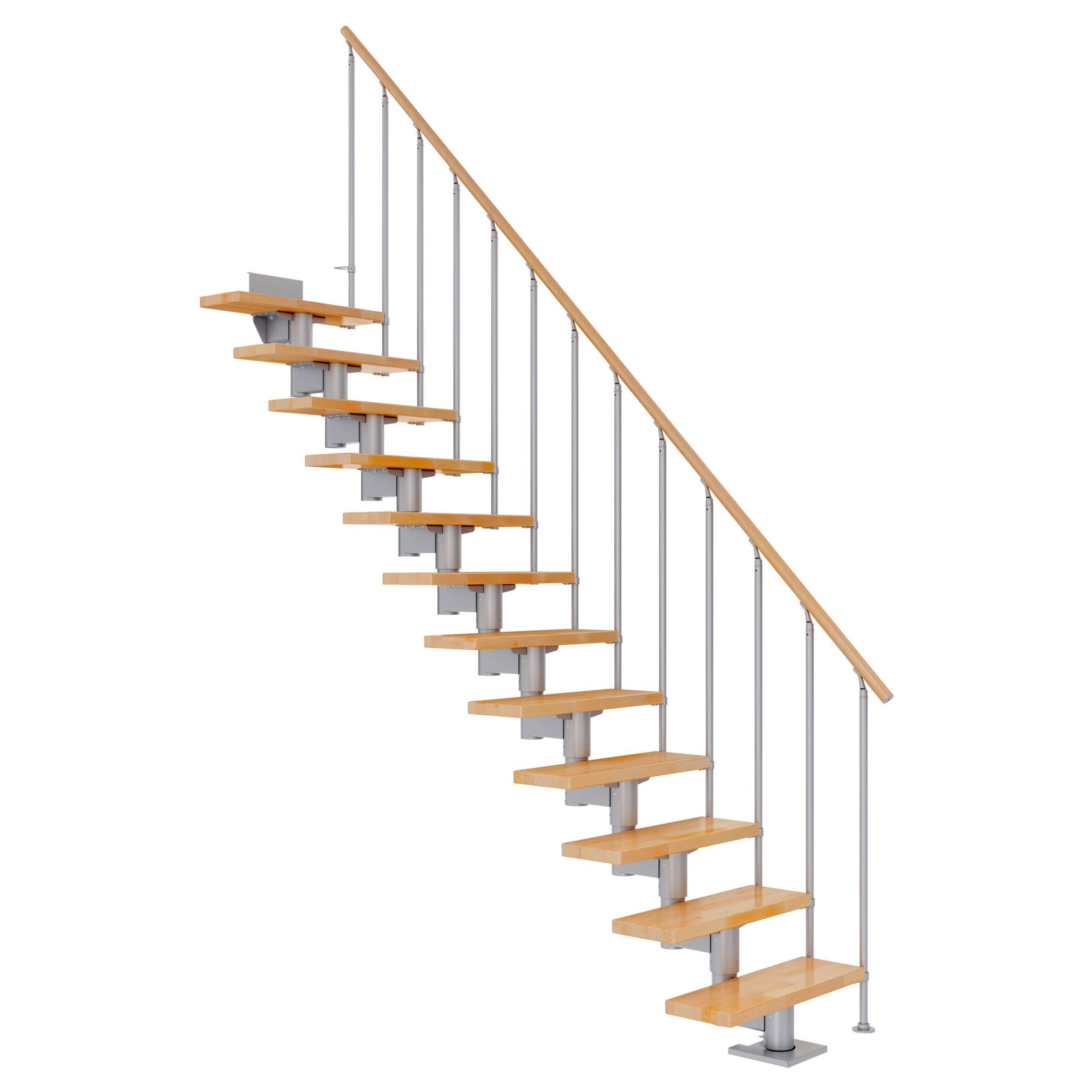 Dolle Mittelholmtreppe Cork Buche, lackiert Gerade 79 cm breit für Geschosshöhen 278 – 337 cm UK Metall Perlgrau inkl. einseitigem Geländer Einze