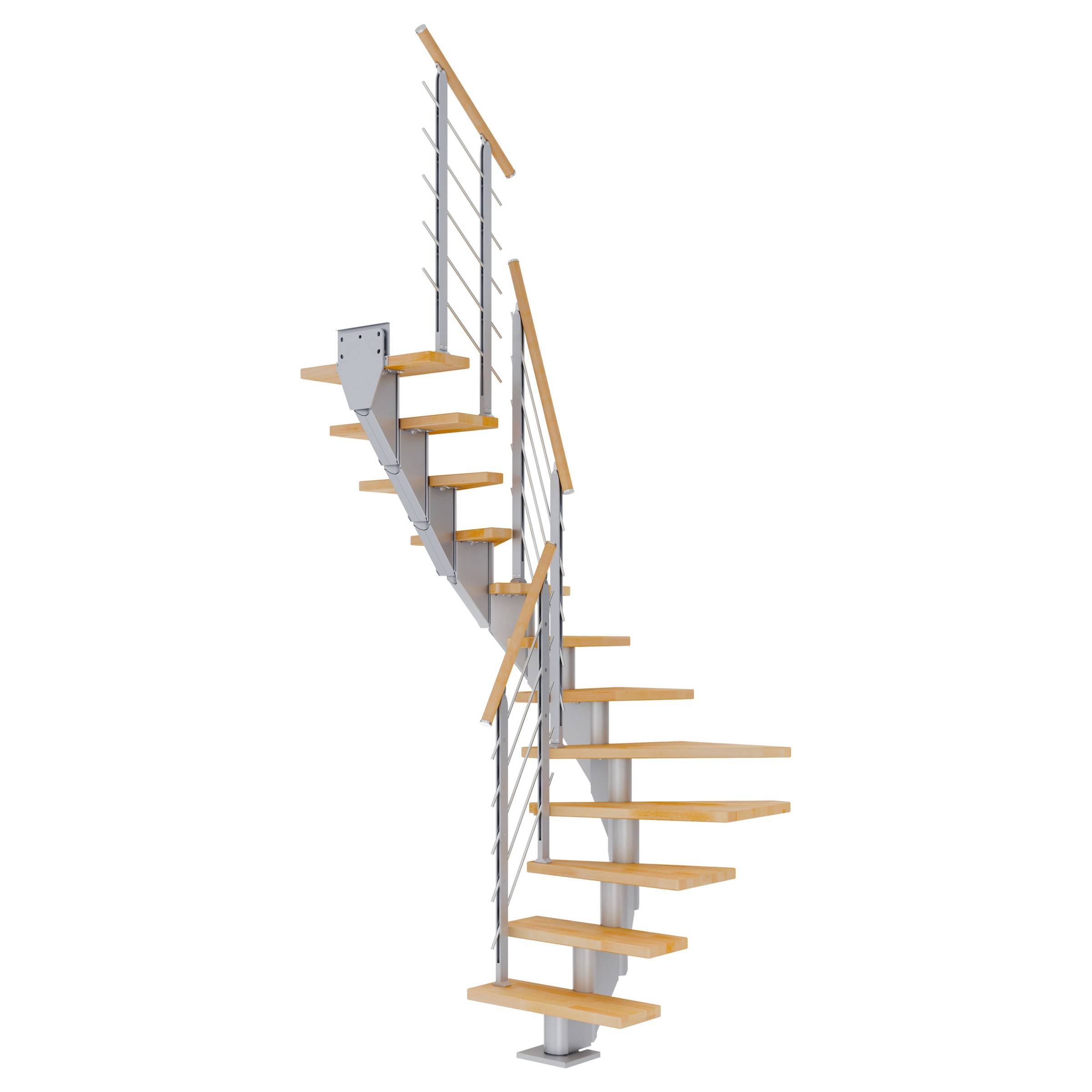 Dolle Mittelholmtreppe Frankfurt 1/2 gewendelt Buche, geölt 65 cm breit für GH 222 – 258 cm UK Metall Perlgrau mit Geländer