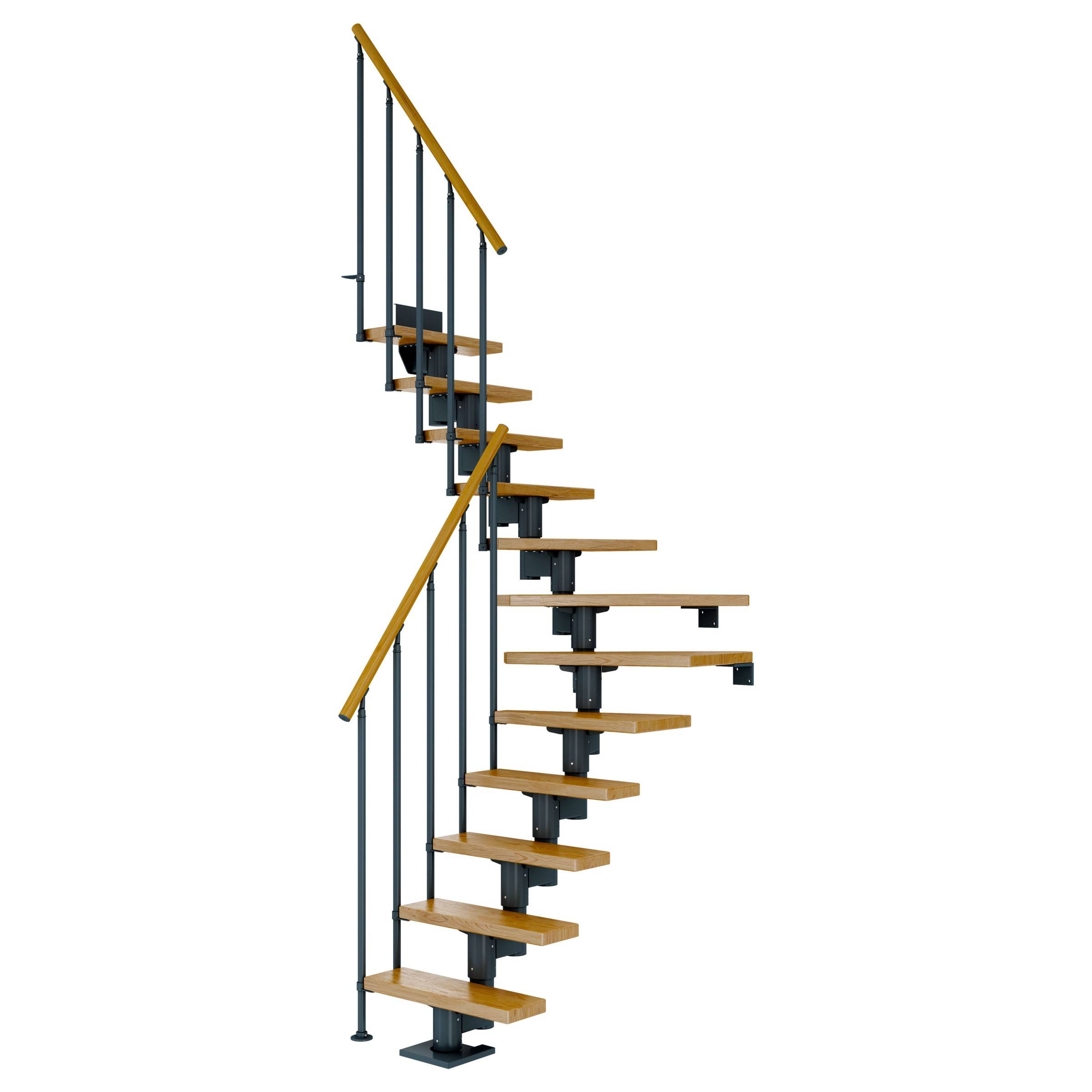 Dolle Mittelholmtreppe Dublin 1/4 gewendelt aus Eiche lackiert 61 cm breit für GH 222–270 cm UK Metall Anthrazit mit Einzelstabgeländer