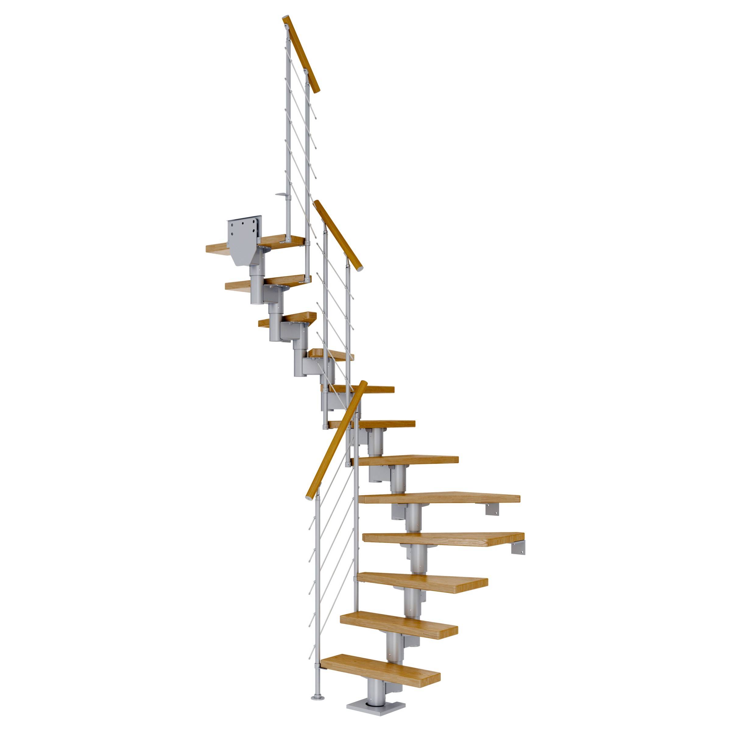 Dolle Mittelholmtreppe Dublin 1/2 gewendelt aus Eiche lackiert 71 cm breit für GH 240–292 cm UK Metall Perlgrau mitlaufende Edelstahlstäbe