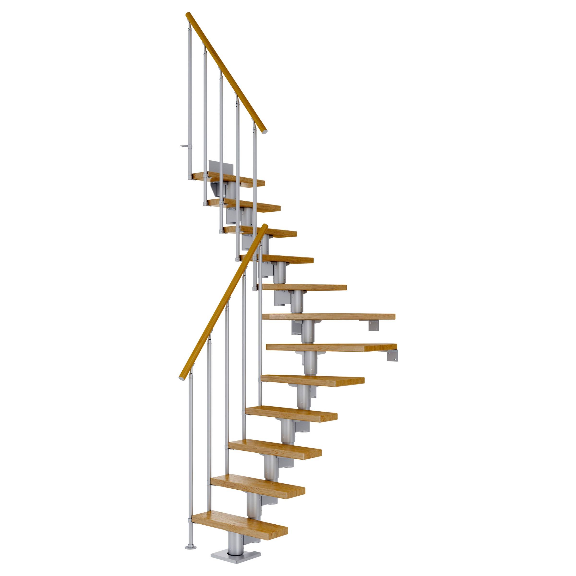 Dolle Mittelholmtreppe Dublin 1/4 gewendelt aus Eiche lackiert 71 cm breit für GH 259–315 cm UK Metall Perlgrau mit Einzelstabgeländer