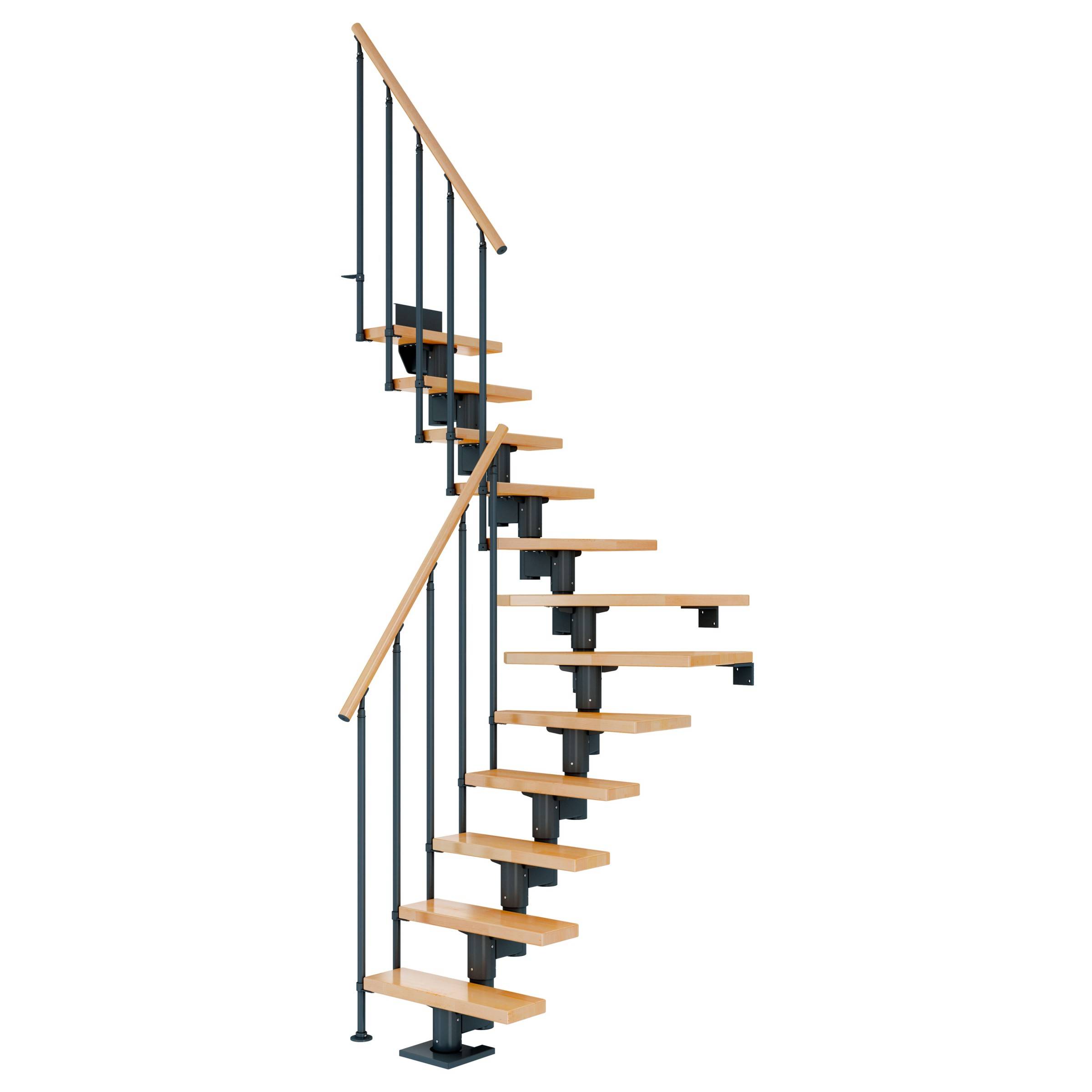 Dolle Mittelholmtreppe Dublin 1/4 gewendelt aus Buche lackiert 61 cm breit für GH 278–337 cm UK Metall Anthrazit mit Einzelstabgeländer
