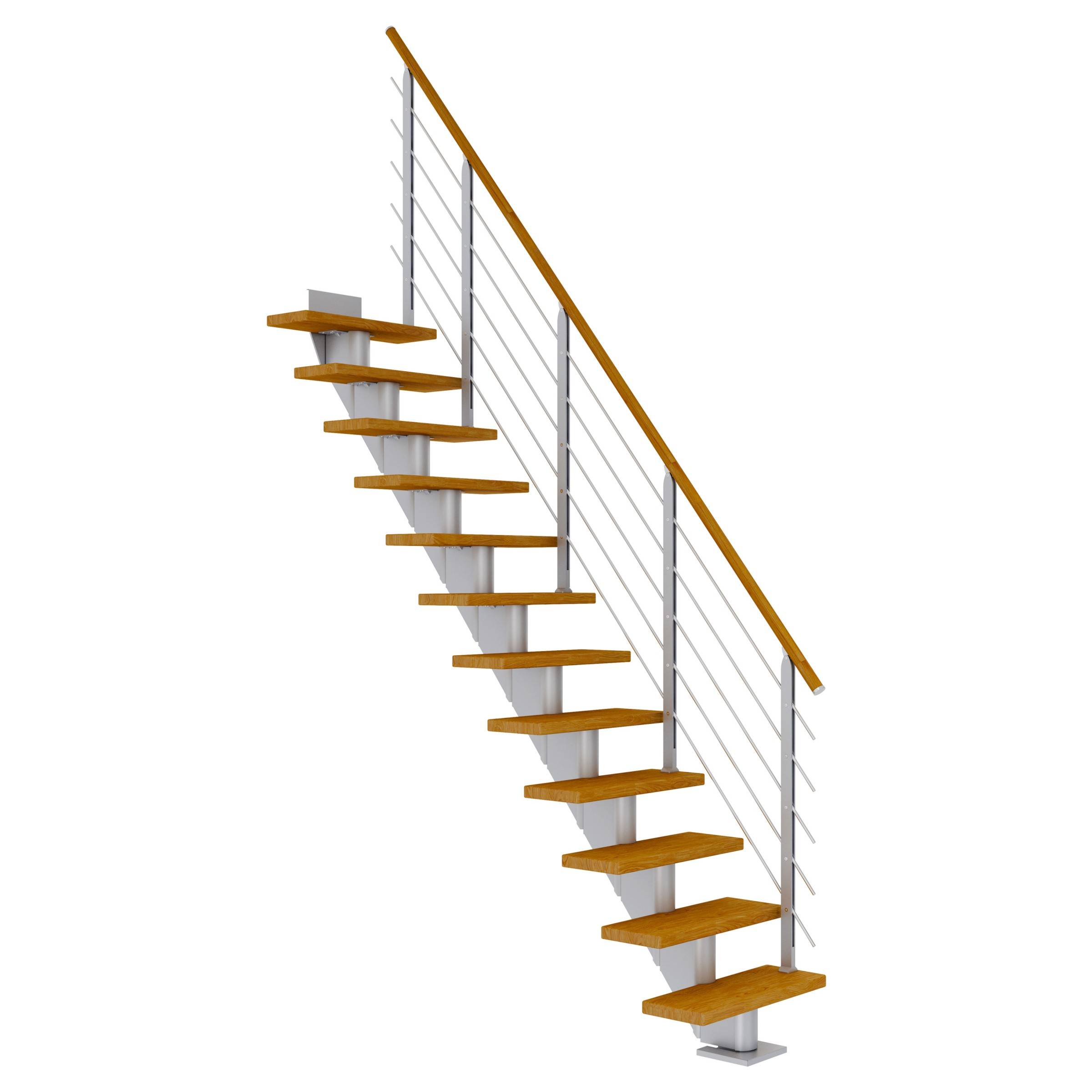 Dolle Mittelholmtreppe Frankfurt Gerade Eiche, geölt 75 cm breit für Geschosshöhen 222 – 258 cm UK Metall Perlgrau inkl. einseitigem Designgelän