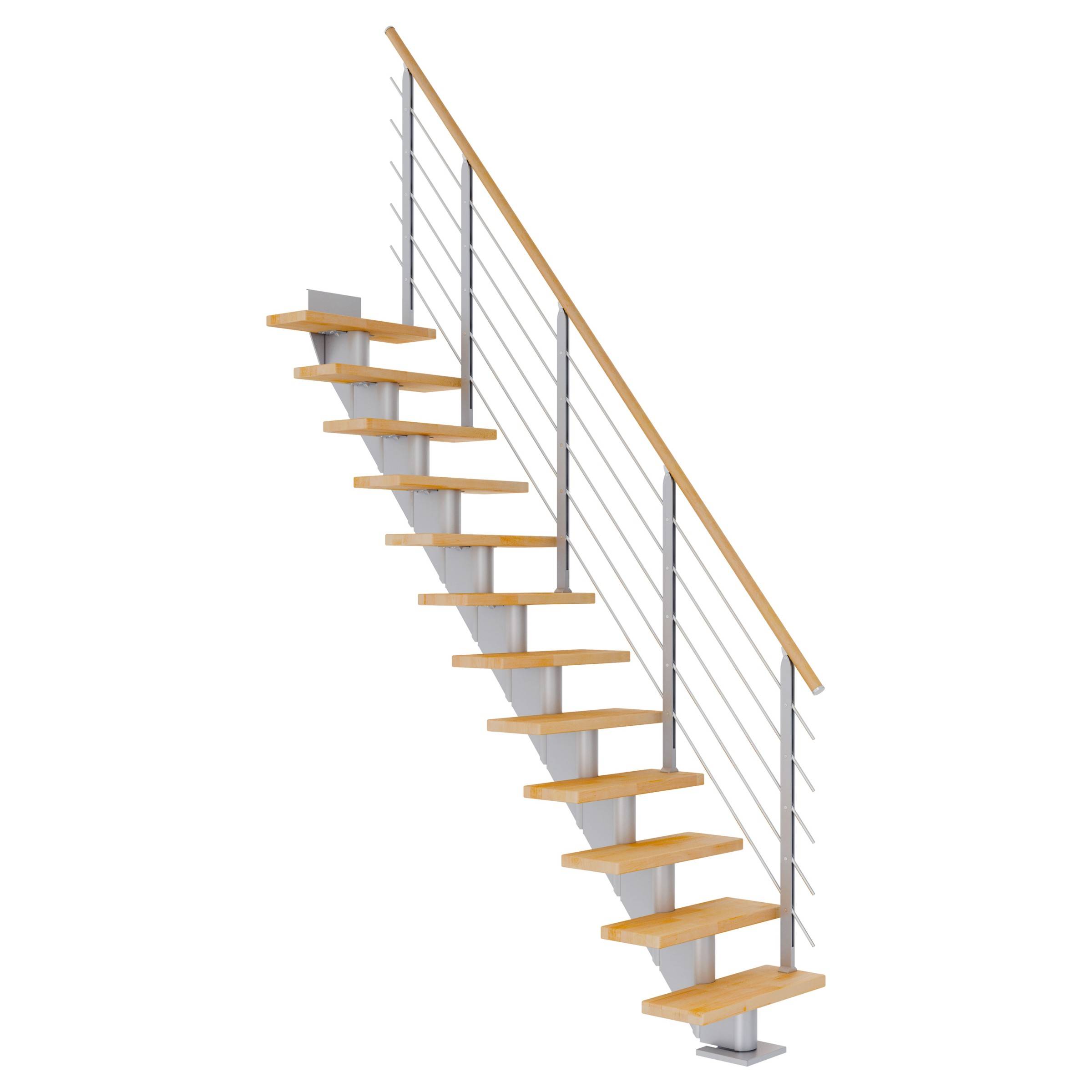Dolle Mittelholmtreppe Frankfurt Gerade Buche, geölt 65 cm breit für Geschosshöhen 222 – 258 cm UK Metall Perlgrau inkl. einseitigem Designgelän