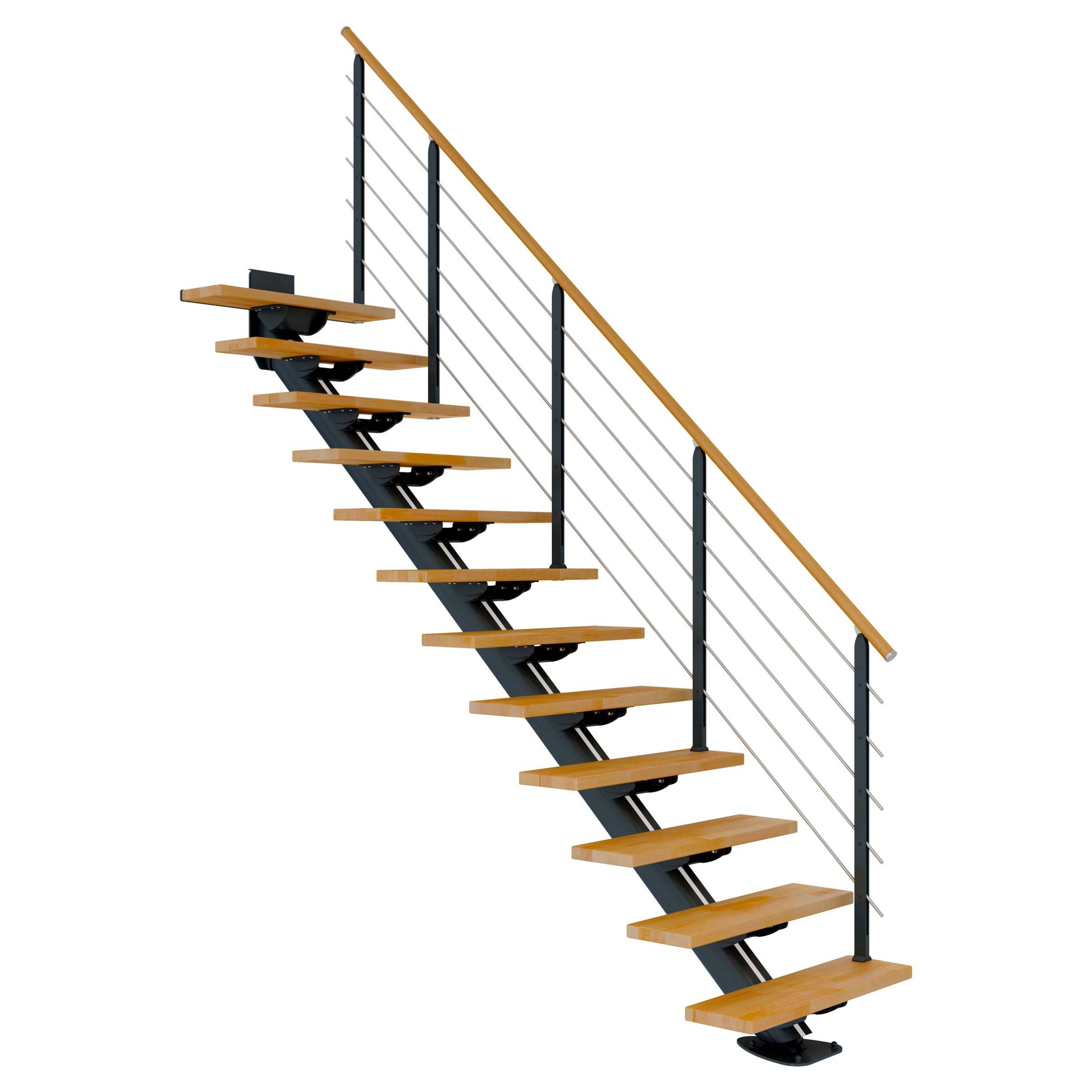 Dolle Mittelholmtreppe Sydney in Buche, geölt 75 cm breit Gerade für Geschosshöhen 222 – 270 cm UK Metall Anthrazit mit einseitigem Designgeländ