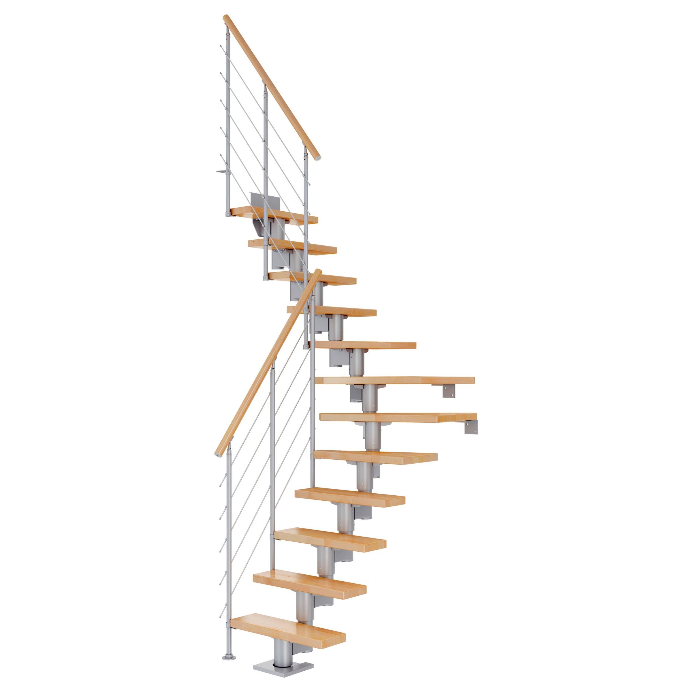 Dolle Mittelholmtreppe Dublin 1/4 gewendelt aus Buche lackiert 71 cm breit für GH 240–292 cm UK Metall Perlgrau mitlaufende Edelstahlstäbe