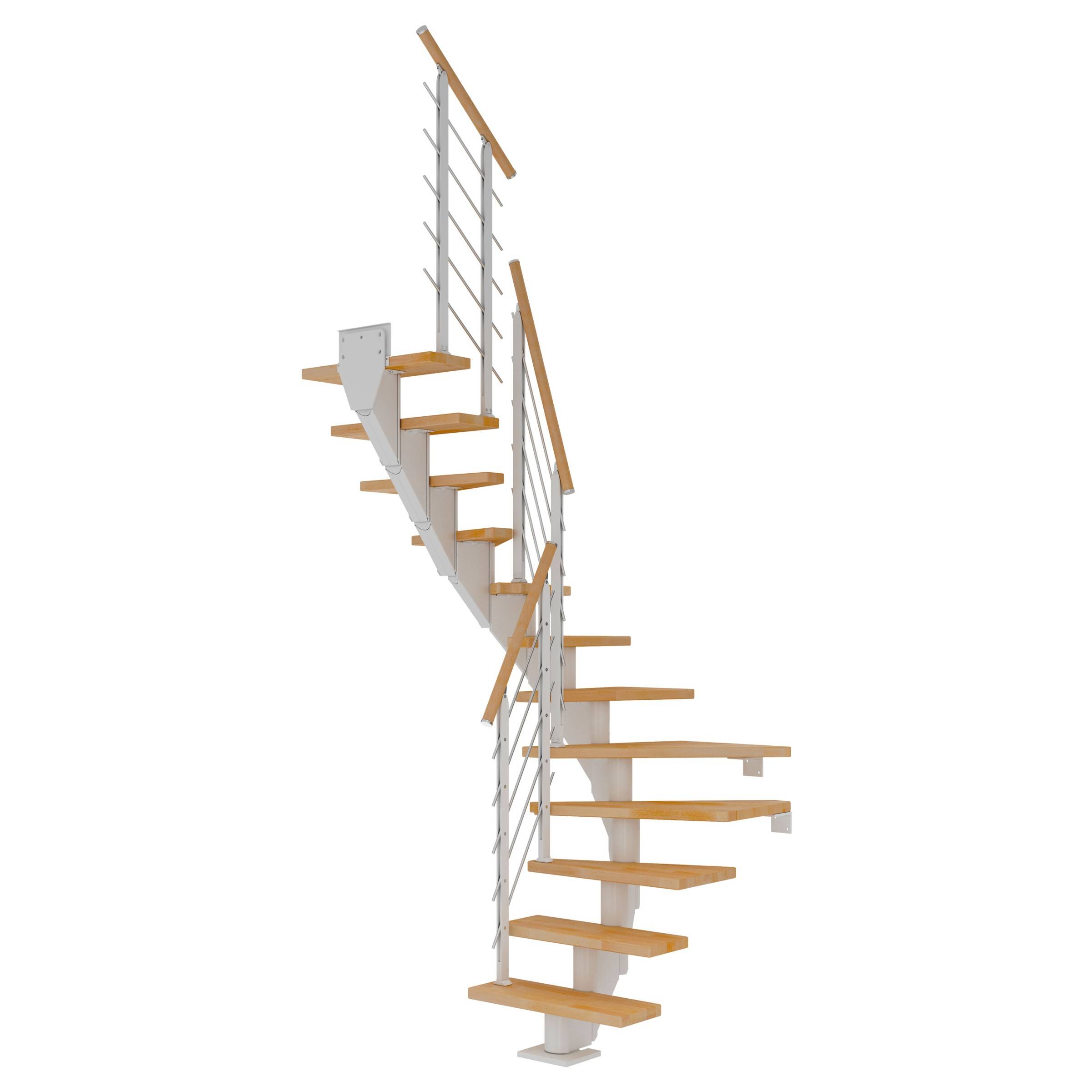 Dolle Mittelholmtreppe Frankfurt 1/2 gewendelt Buche, geölt 65 cm breit für Geschosshöhen 259 – 301 cm UK Metall Weiß inkl. einseitigem Designge