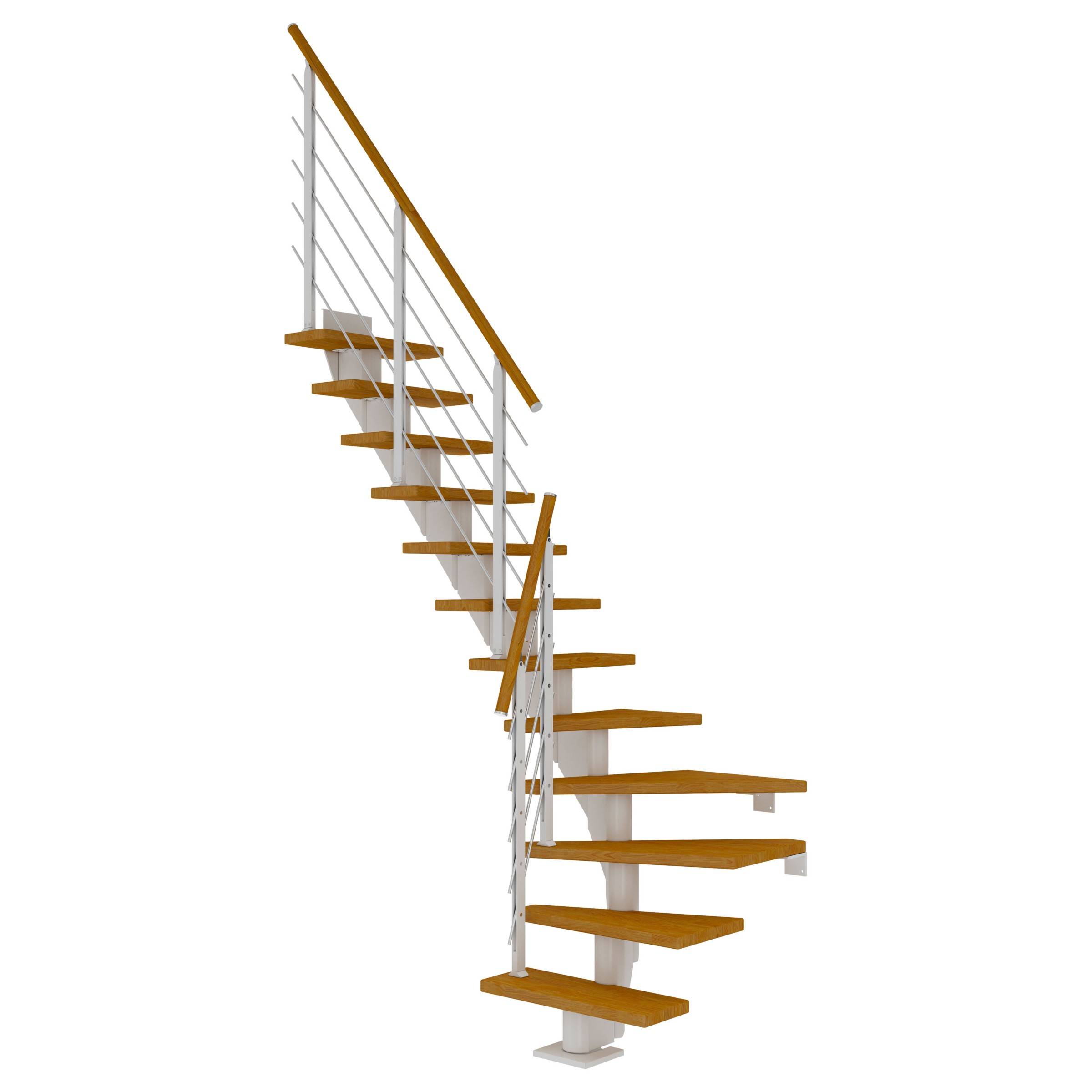 Dolle Mittelholmtreppe Frankfurt 1/4 gewendelt Eiche, geölt 75 cm breit für Geschosshöhen 259 – 301 cm UK Metall Weiß inkl. einseitigem Designge