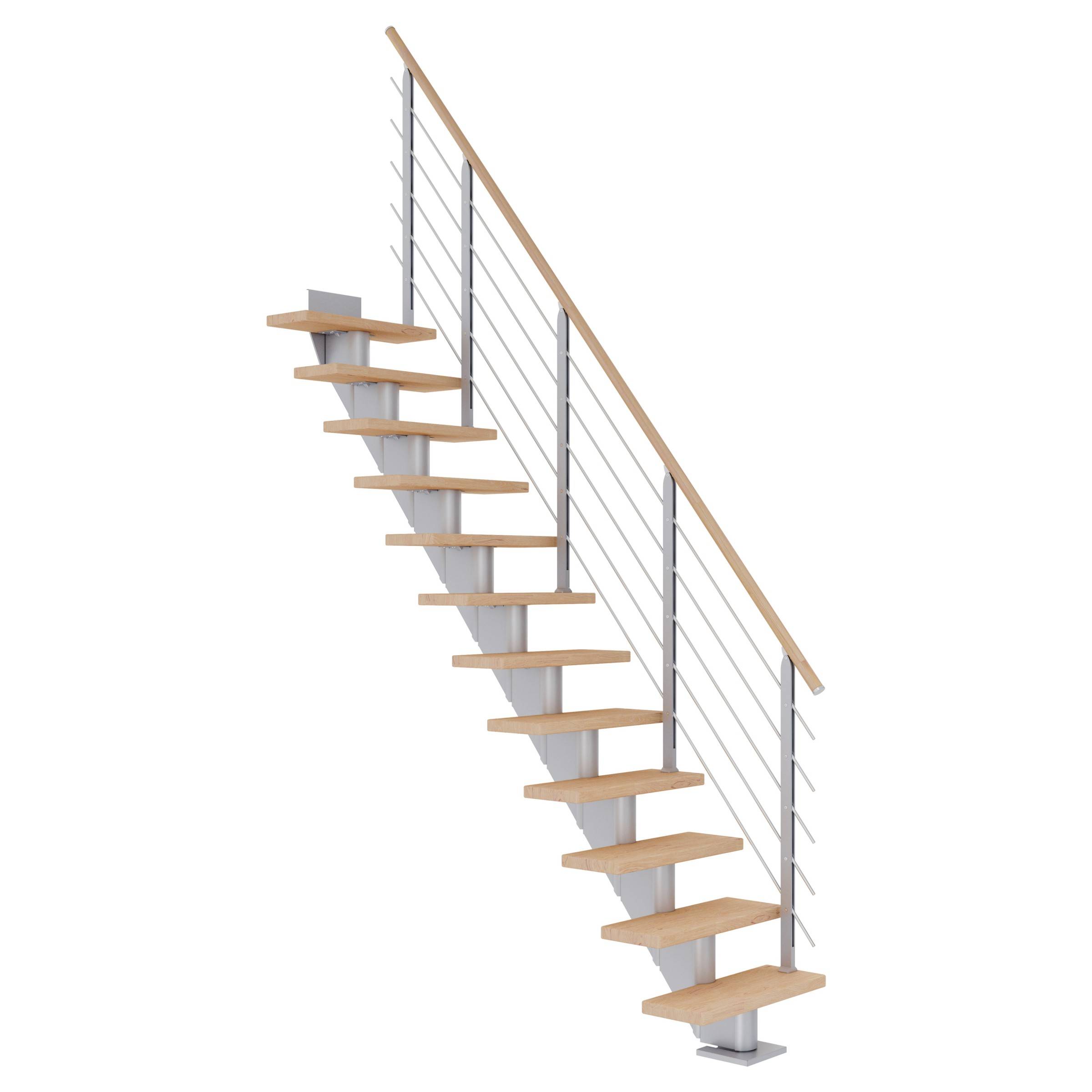 Dolle Mittelholmtreppe Frankfurt Gerade Eiche weiß, geölt 65 cm breit für GH 259 – 301 cm UK Metall Perlgrau mit Geländer