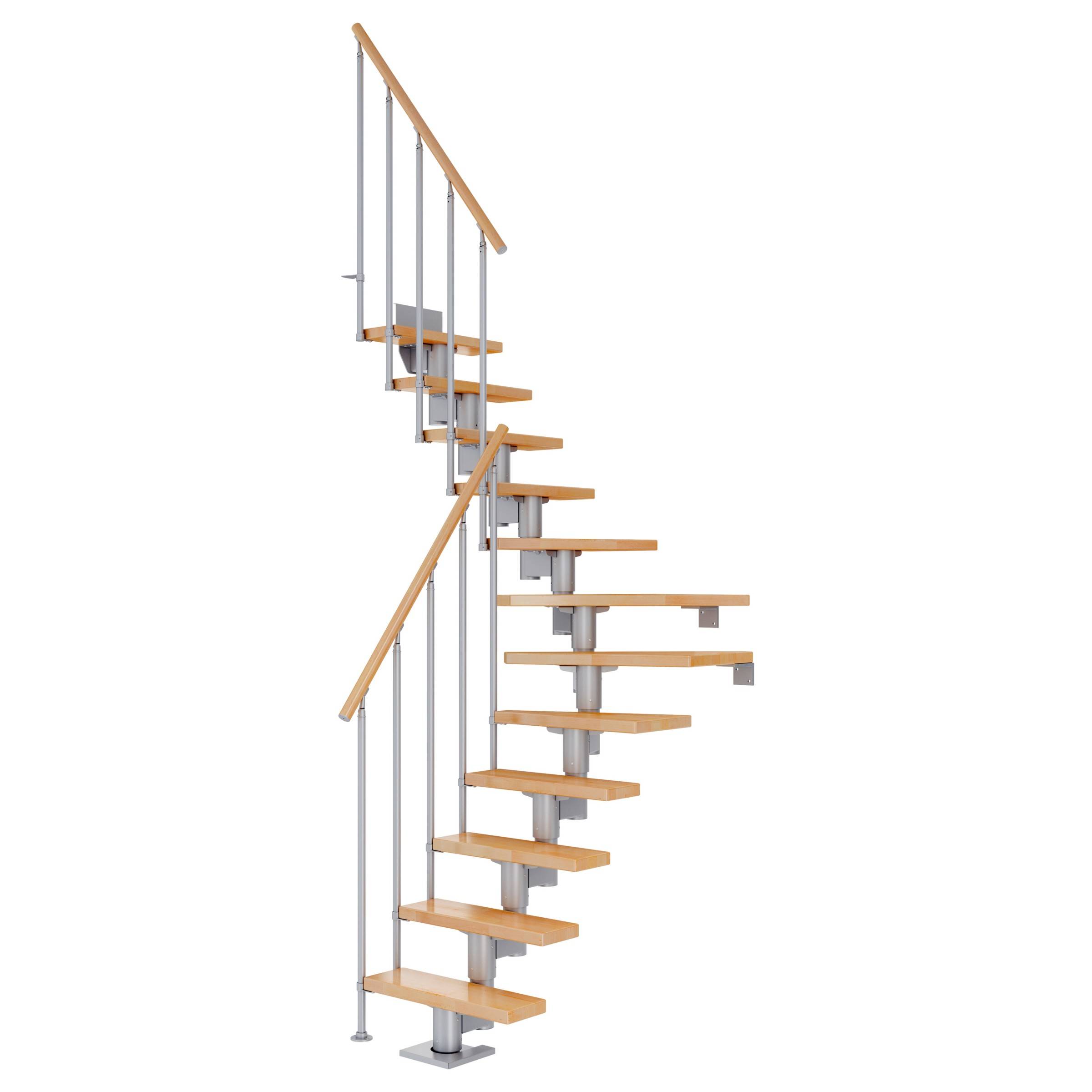 Dolle Mittelholmtreppe Dublin 1/4 gewendelt aus Buche lackiert 61 cm breit für GH 259–315 cm UK Metall Perlgrau mit Einzelstabgeländer