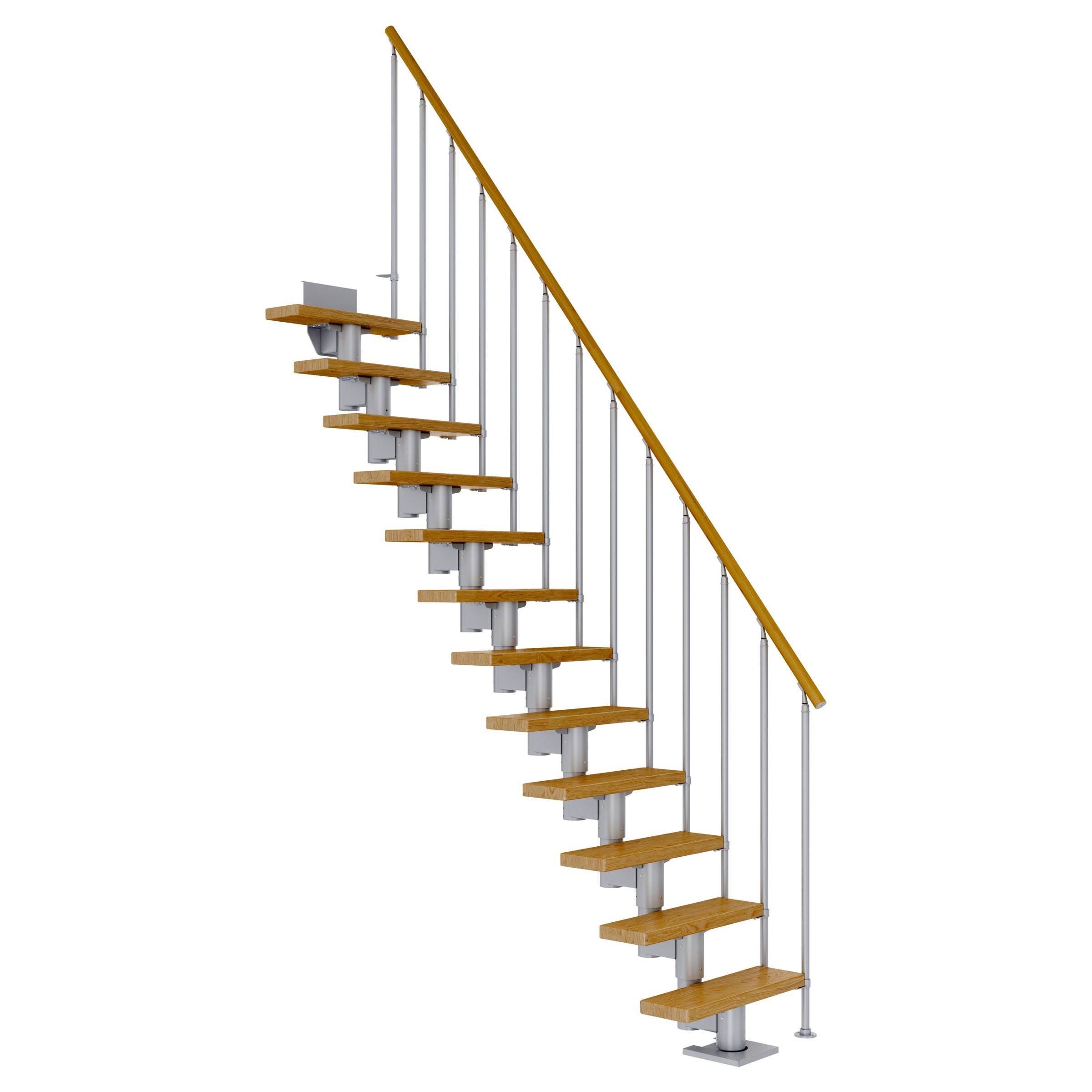 Dolle Mittelholmtreppe Dublin Gerade aus Eiche lackiert 61 cm breit für GH 222–270 cm UK Metall Perlgrau mit Einzelstabgeländer