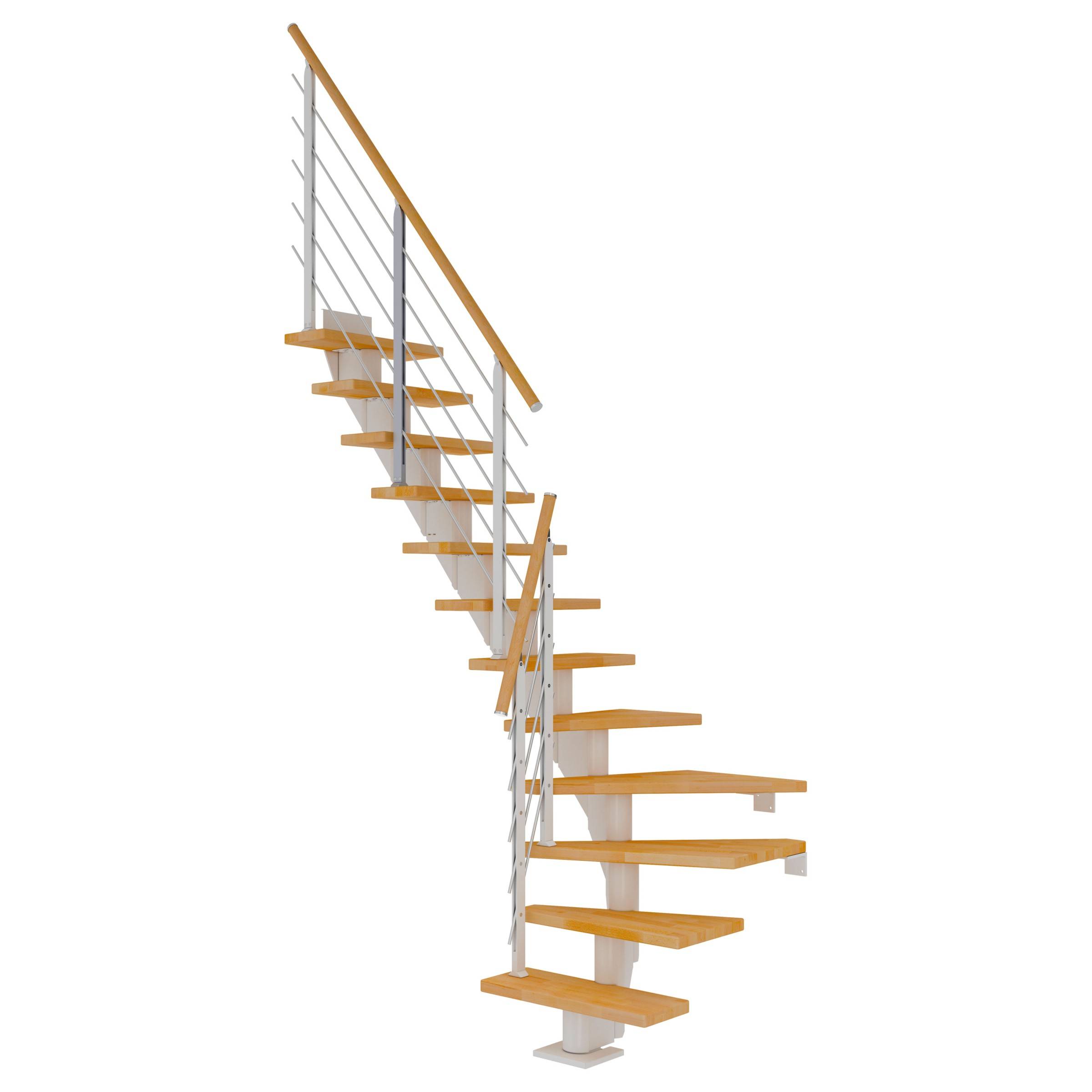 Dolle Mittelholmtreppe Frankfurt 1/4 gewendelt Buche, geölt 65 cm breit für Geschosshöhen 259 – 301 cm UK Metall Weiß inkl. einseitigem Designge