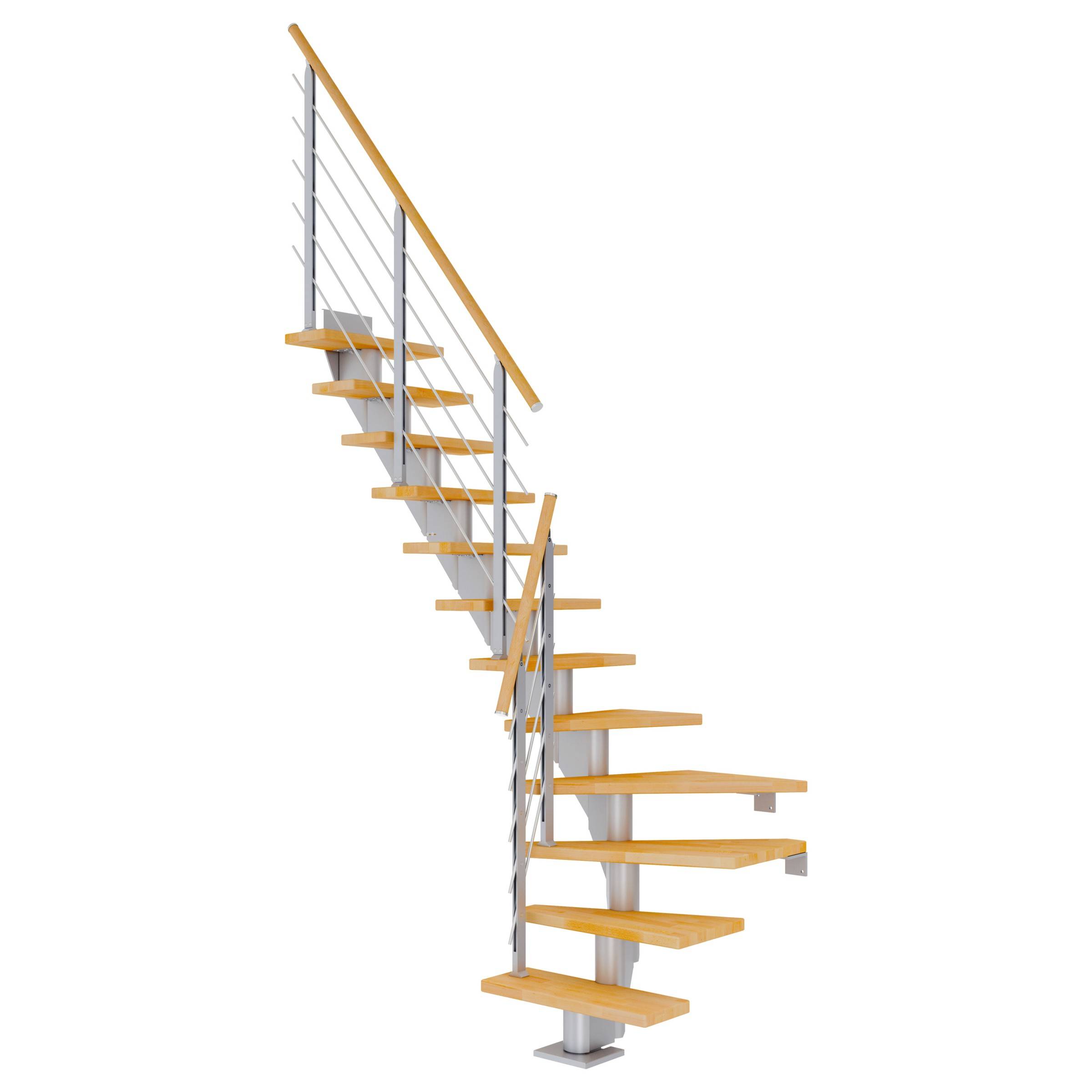 Dolle Mittelholmtreppe Frankfurt 1/4 gewendelt Buche, geölt 65 cm breit für GH 259 – 301 cm UK Metall Perlgrau mit Geländer