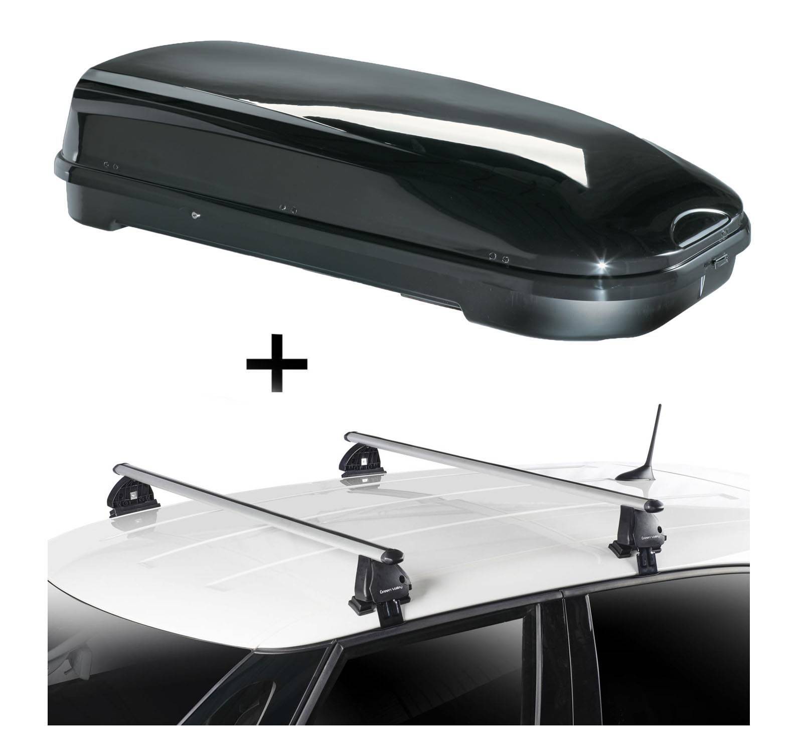 Dachbox VDPFL580 580 Liter schwarz glänzend + Dachträger VDP EVO ALU kompatibel mit für Fiat Tipo Berlina 4 Türer ab 2015
