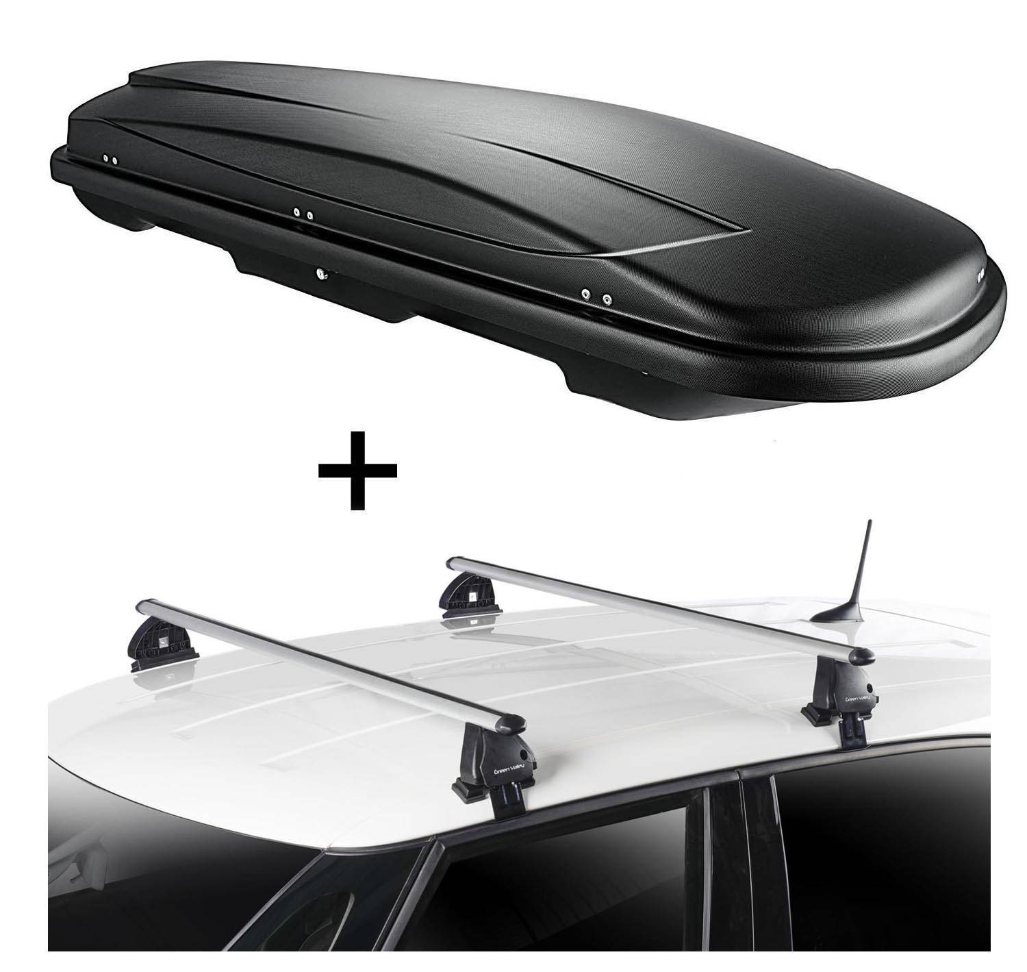 Dachbox VDPJUXT400 400 Liter schwarz abschließbar + Dachträger VDP EVO ALU kompatibel mit für Peugeot 205 5 Türer 1983-1998