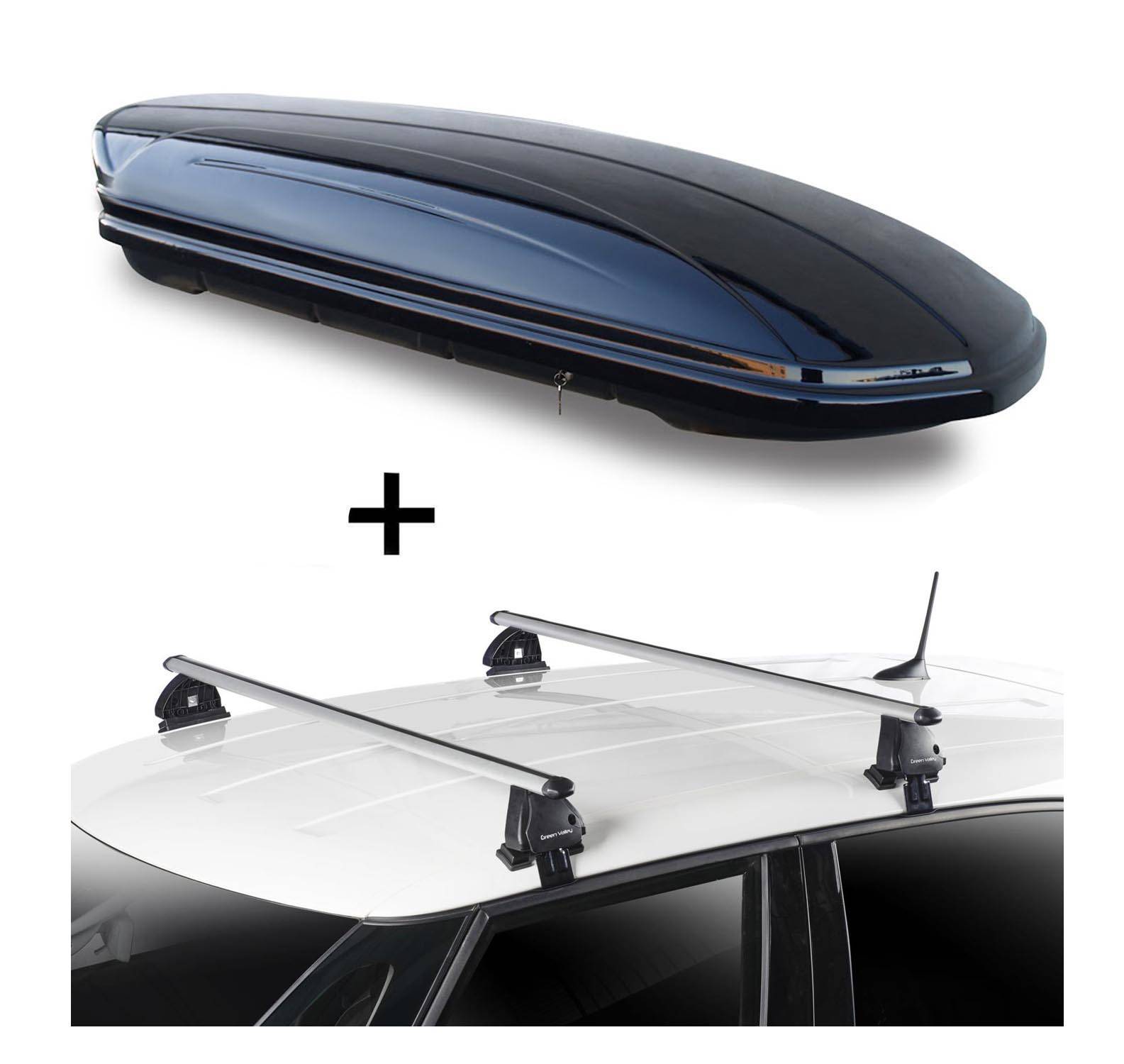 Dachbox VDPMAA580 580 Liter abschließbar schwarz + Dachträger VDP EVO ALU kompatibel mit für Peugeot 208 3 Türer 2012-2019