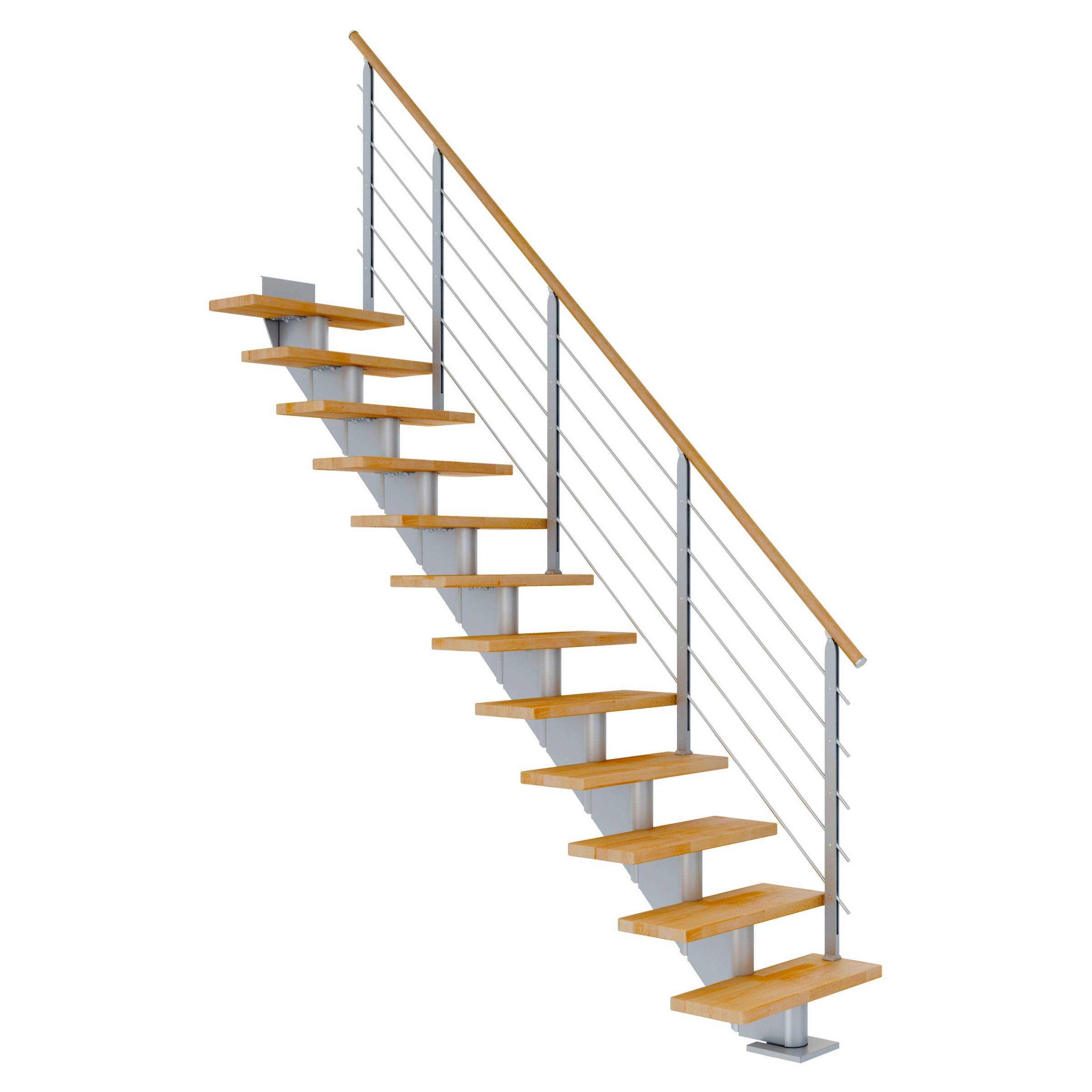 Dolle Mittelholmtreppe Hamburg Gerade Buche, geölt 75 cm breit für Geschosshöhen 222 – 258 cm UK Metall Perlgrau inkl. einseitigem Designgelände