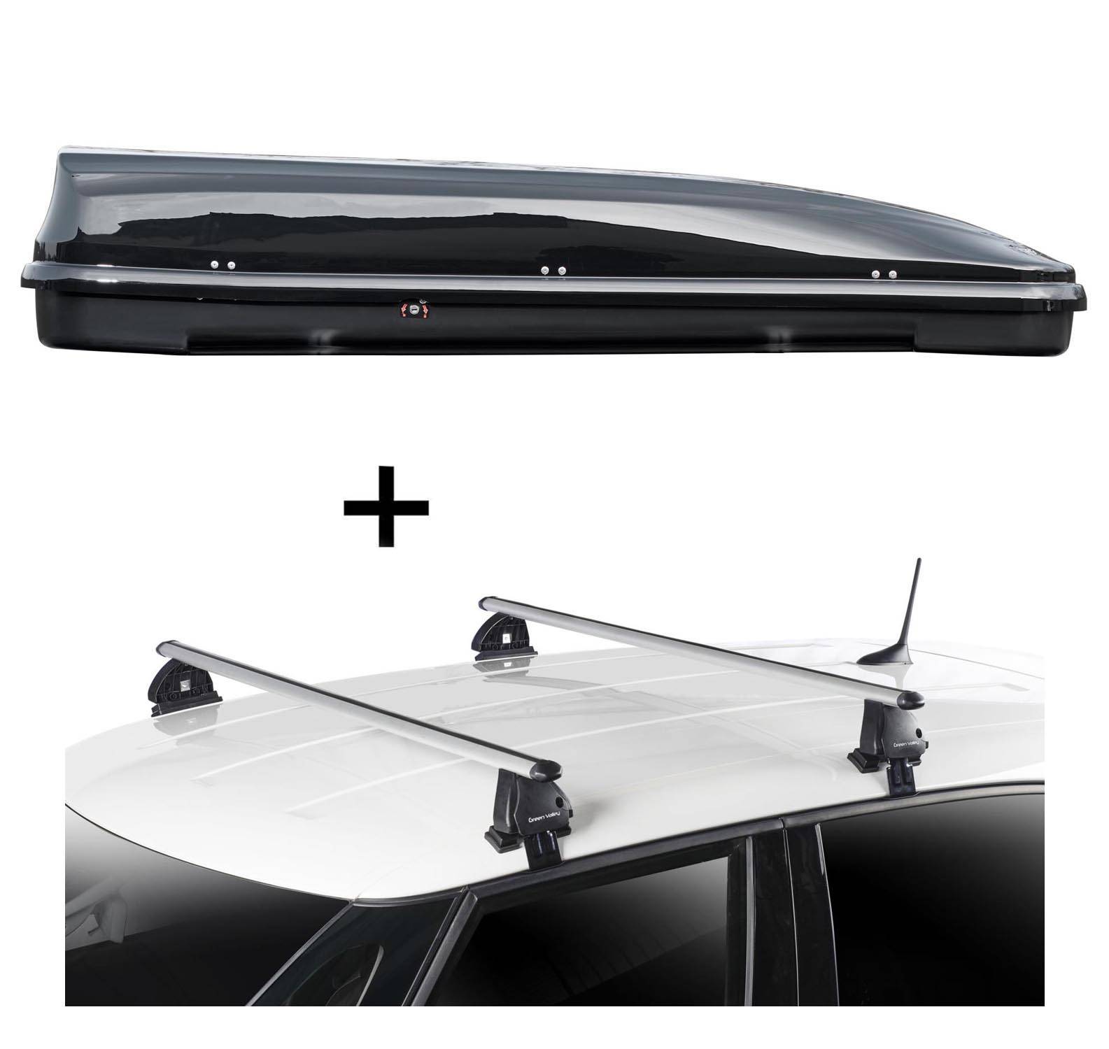 Dachbox VDPFL460 460 Liter schwarz glänzend + Dachträger VDP EVO ALU kompatibel mit Rover 600 (RH) 4 Türer 1993-1999
