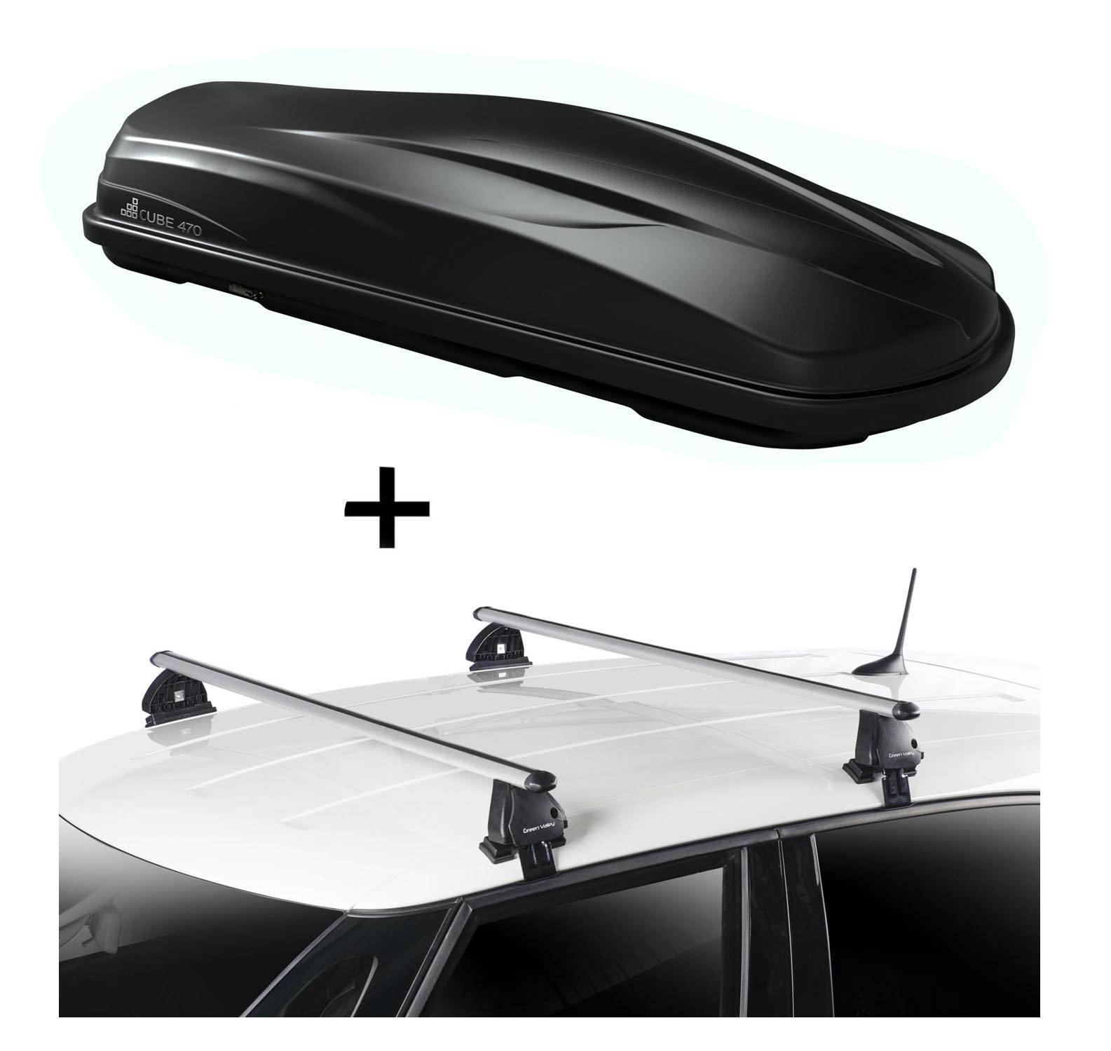 Dachbox CUBE470 470 Liter schwarz glänzend + Dachträger VDP EVO ALU kompatibel mit für Hyundai i20 (PB) 5 Türer 2008-2014