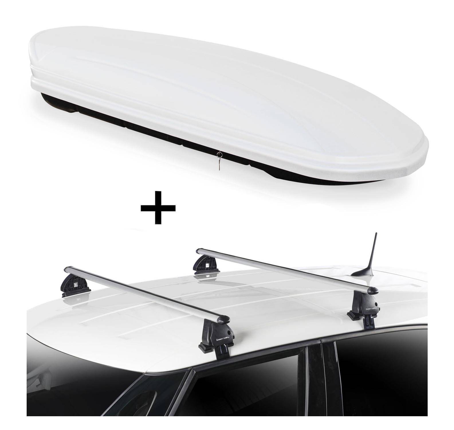 Dachbox VDPMAA460 460 Liter weiß abschließbar + Dachträger VDP EVO ALU kompatibel mit für Renault Megane III 5 Türer 2008-2015