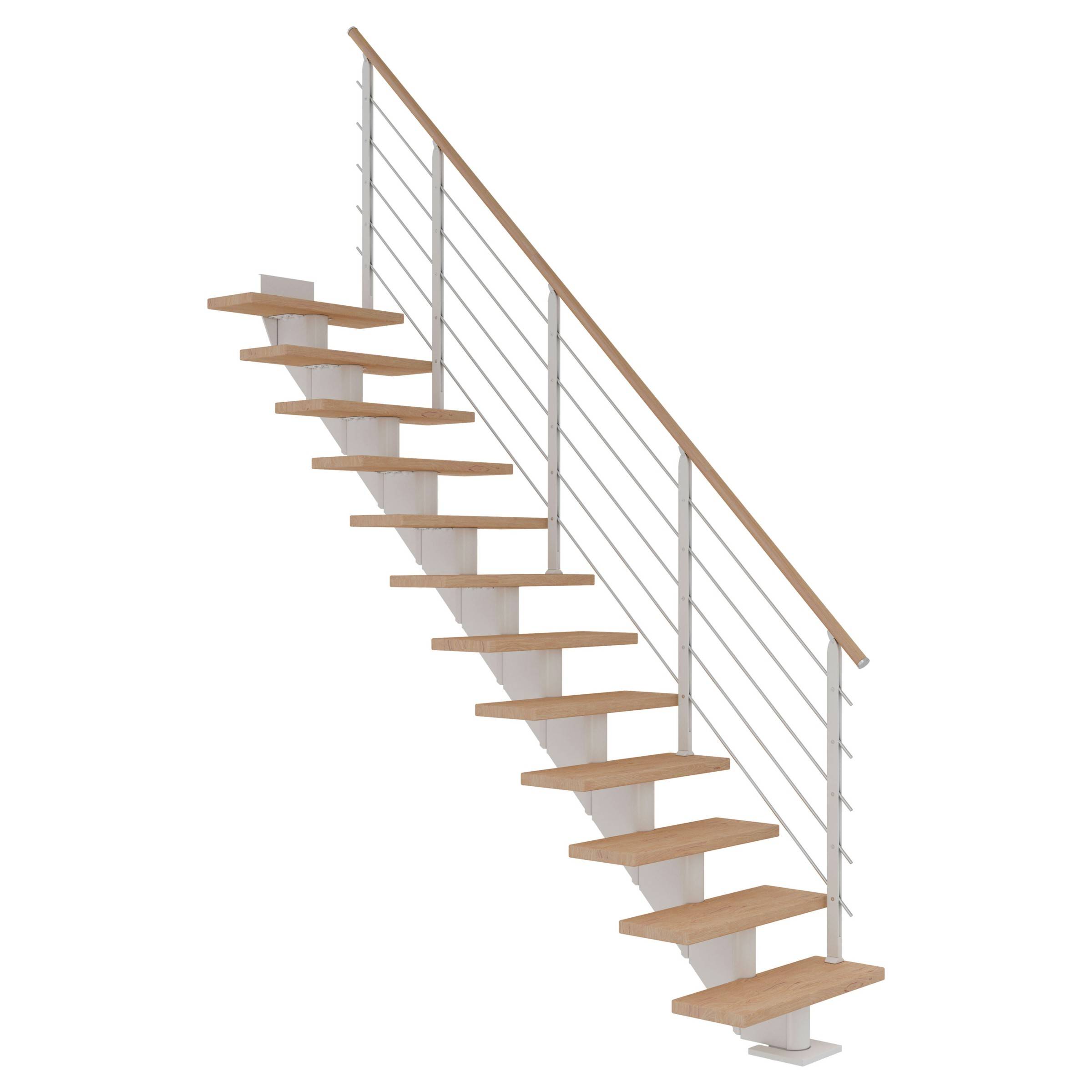 Dolle Mittelholmtreppe Hamburg Gerade Eiche weiß, geölt 75 cm breit für Geschosshöhen 222 – 258 cm UK Metall Weiß inkl. einseitigem Designgelä