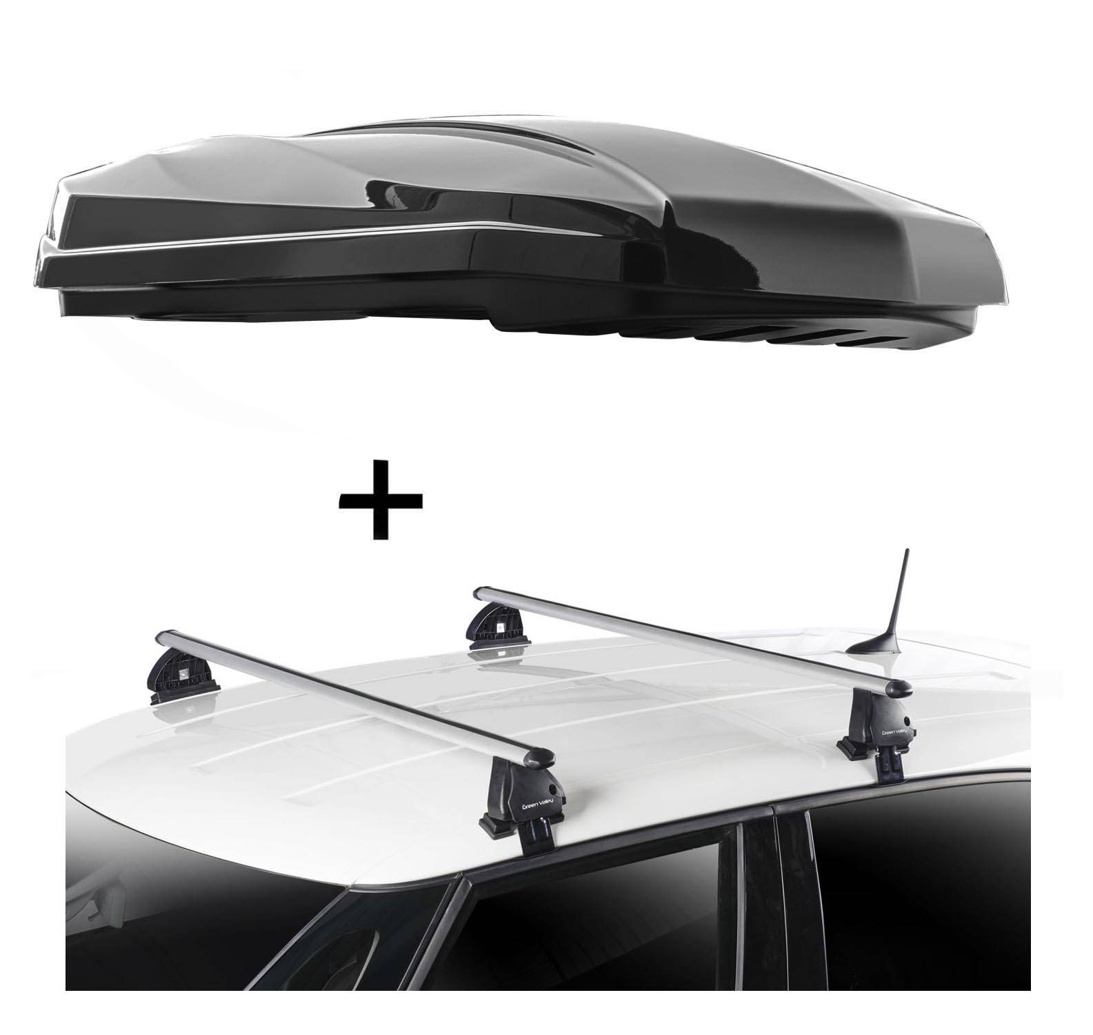 DACHBOX STRIKE 440 Liter schwarz hochglanz + Dachträger VDP EVO ALU kompatibel mit für Kia Rio (UB) 5 Türer 2011-2017