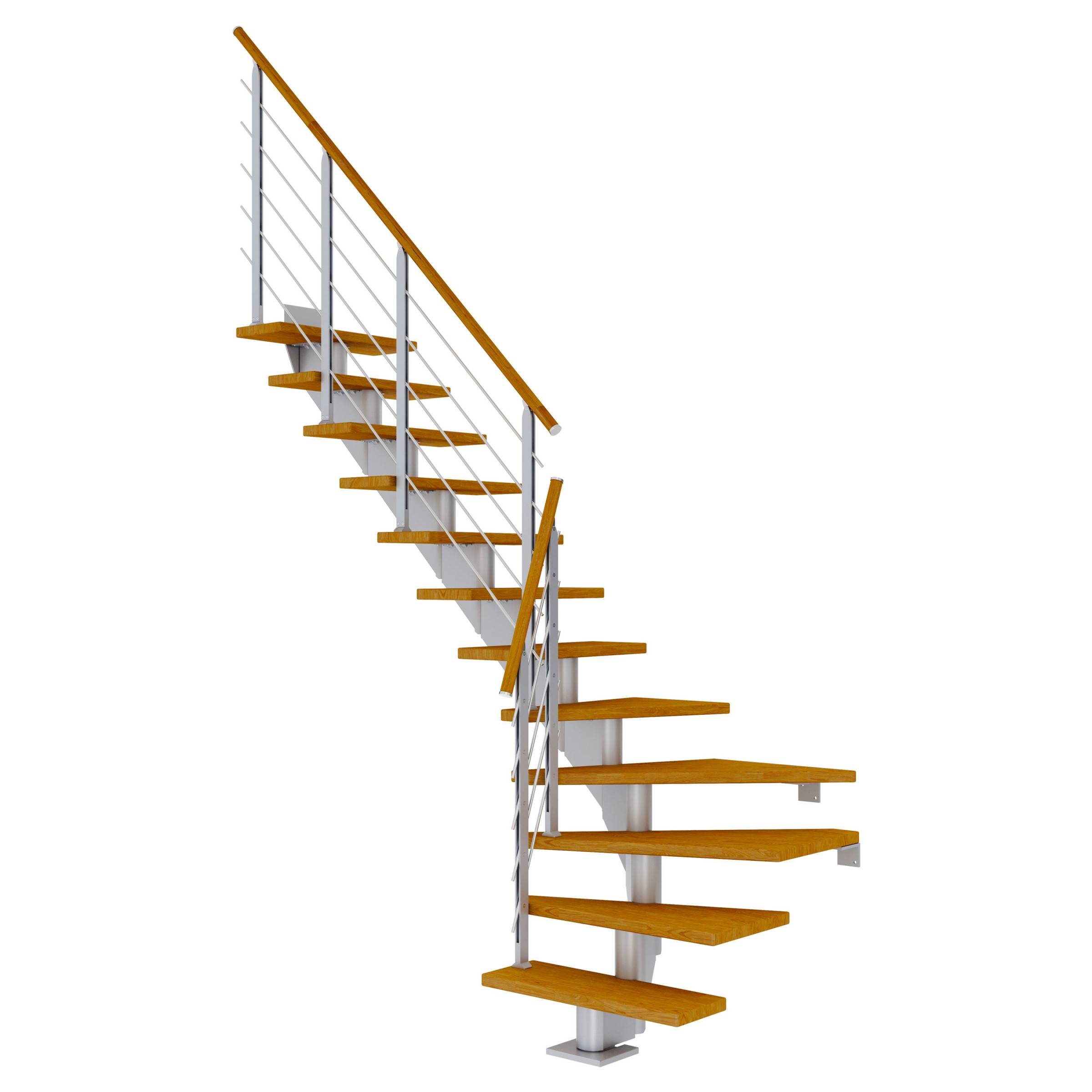 Dolle Mittelholmtreppe Hamburg 1/4 gewendelt Eiche, geölt 75 cm breit für GH 222 – 258 cm UK Metall Perlgrau mit Geländer