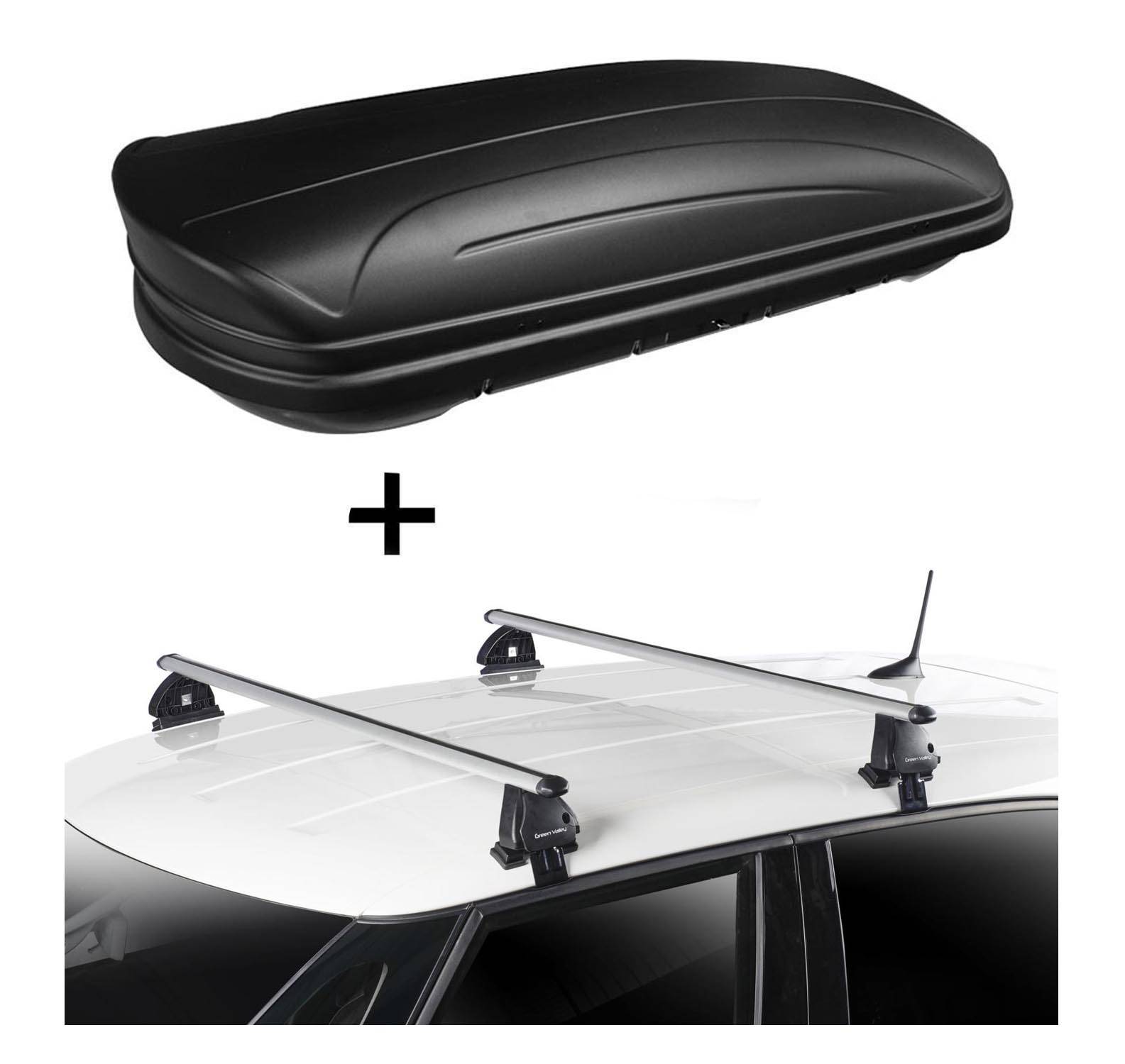 Dachbox VDPMAA320 320 Liter abschließbar schwarz matt + Dachträger VDP EVO ALU kompatibel mit für Hyundai i20 (PB) 5 Türer 2008-2014