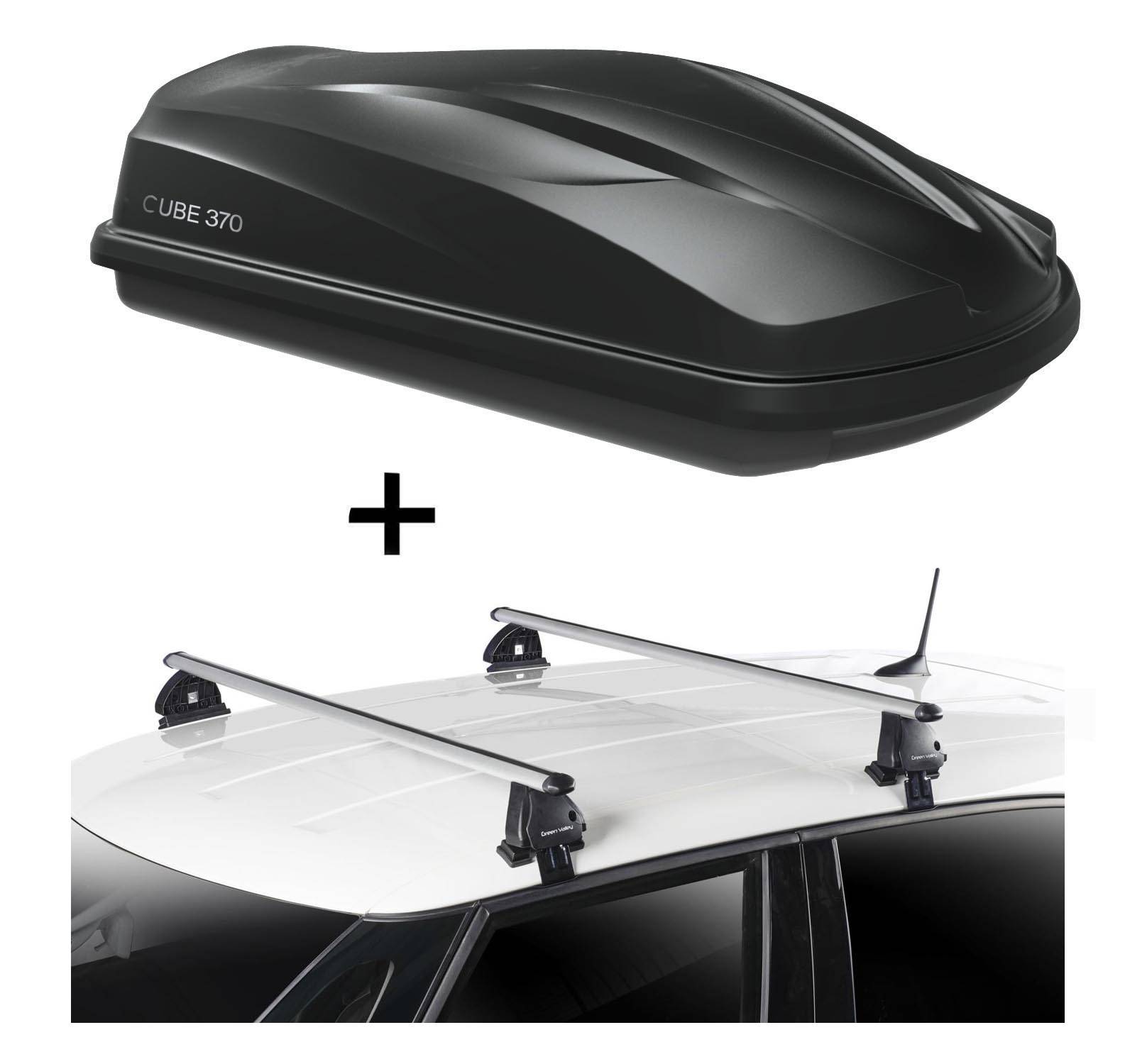 Dachbox CUBE370 370 Liter schwarz glänzend + Dachträger VDP EVO ALU kompatibel mit für VW Golf VII (5G) 5 Türer 2012-2020