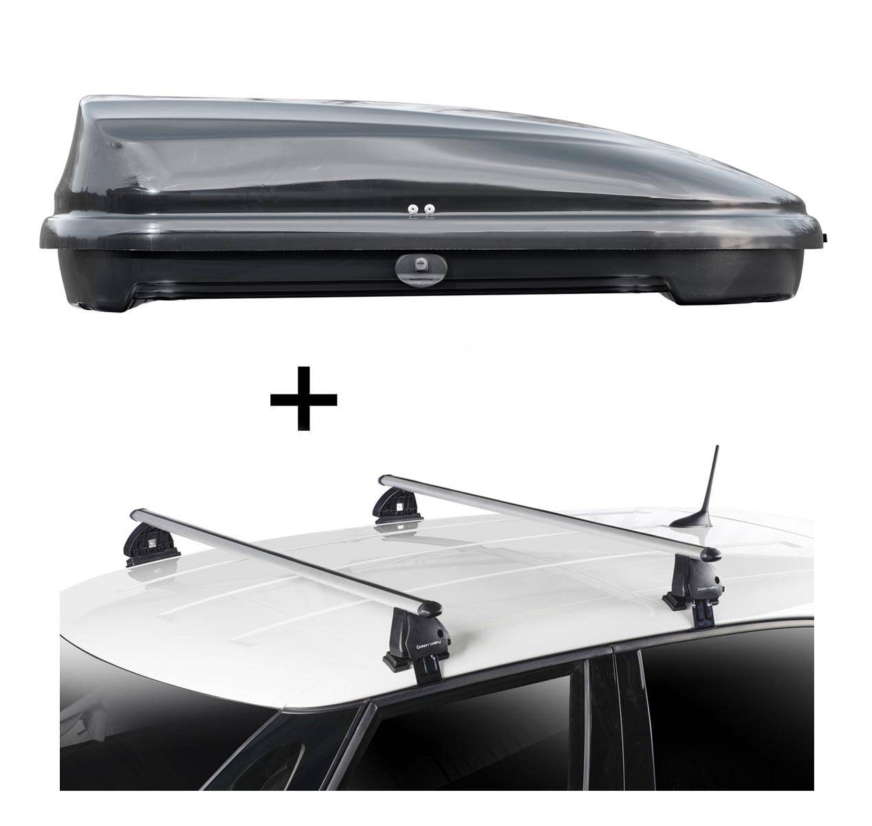 Dachbox VDPFL320 320 Liter schwarz glänzend + Dachträger VDP EVO ALU kompatibel mit für Kia Venga (YN) 5 Türer ab 2010