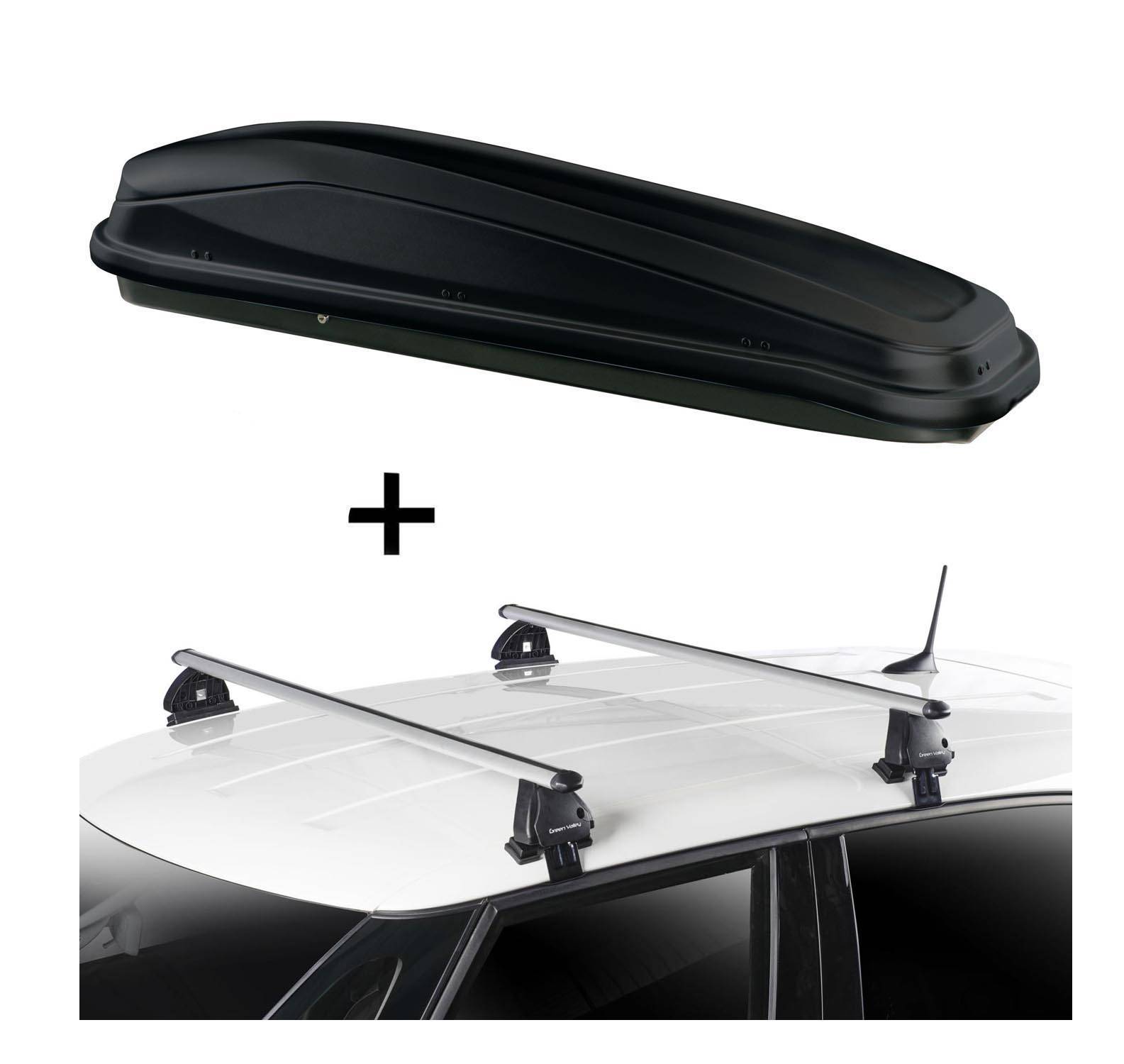 Dachbox JUEASY300 300 Liter schwarz + Dachträger VDP EVO ALU kompatibel mit für Peugeot 308 5 Türer ab 2013