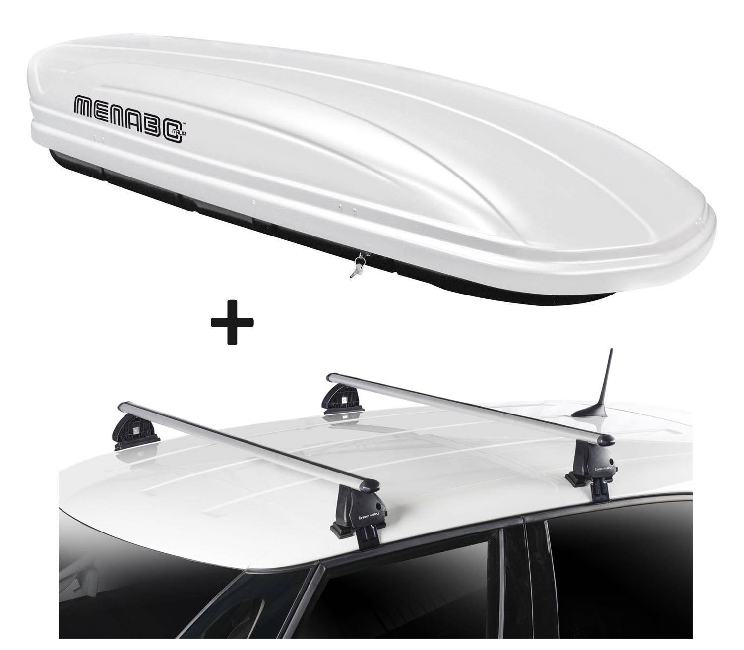 Dachbox VDPMAA320 320 Liter abschließbar weiß + Dachträger VDP EVO ALU kompatibel mit für Peugeot 308 5 Türer ab 2013