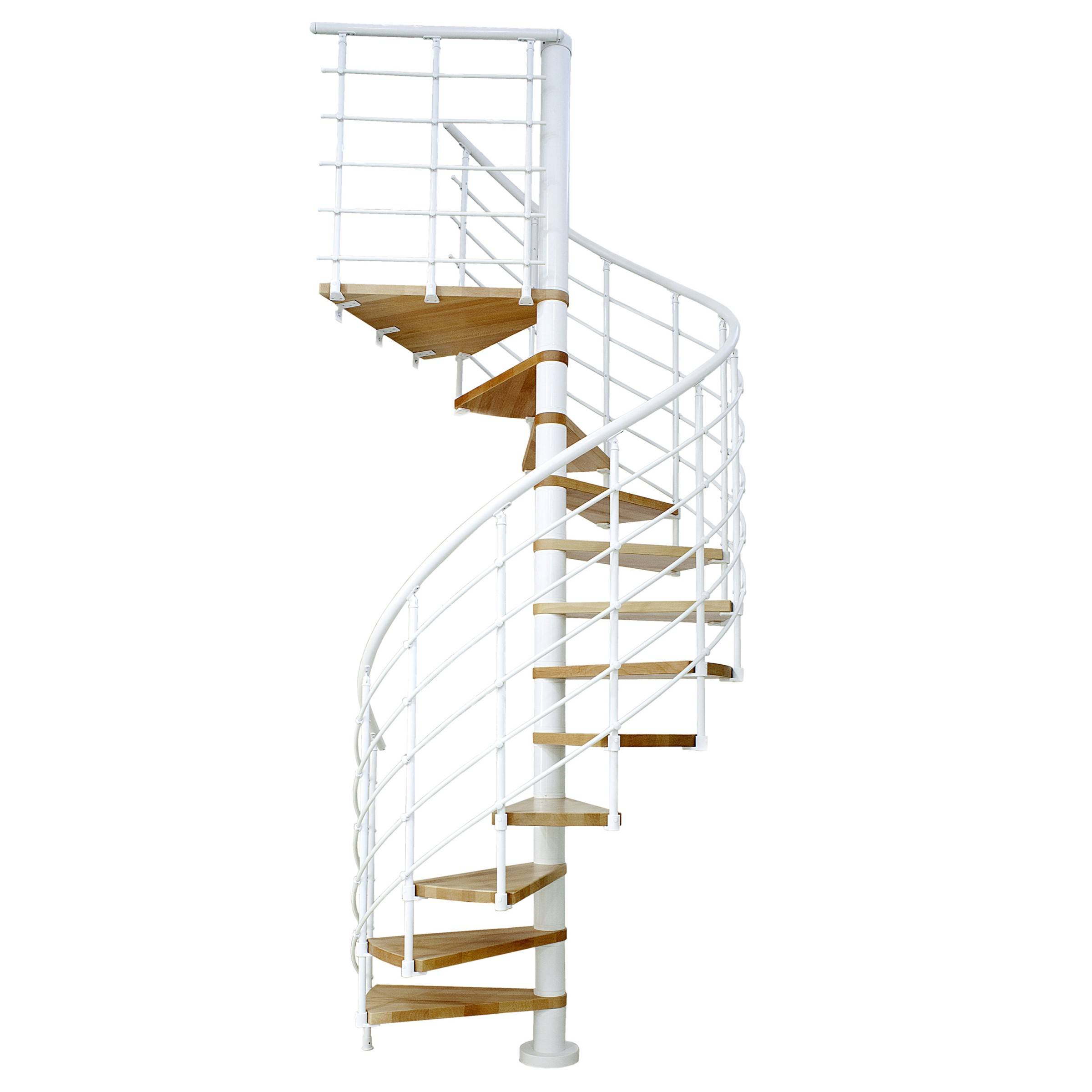 Dolle Spindeltreppe Oslo Ø120cm mit 273-299cm Geschosshöhe 12 Stufen Buche lackiert Geländer weiß, mitlaufende Kunststoffstäbe