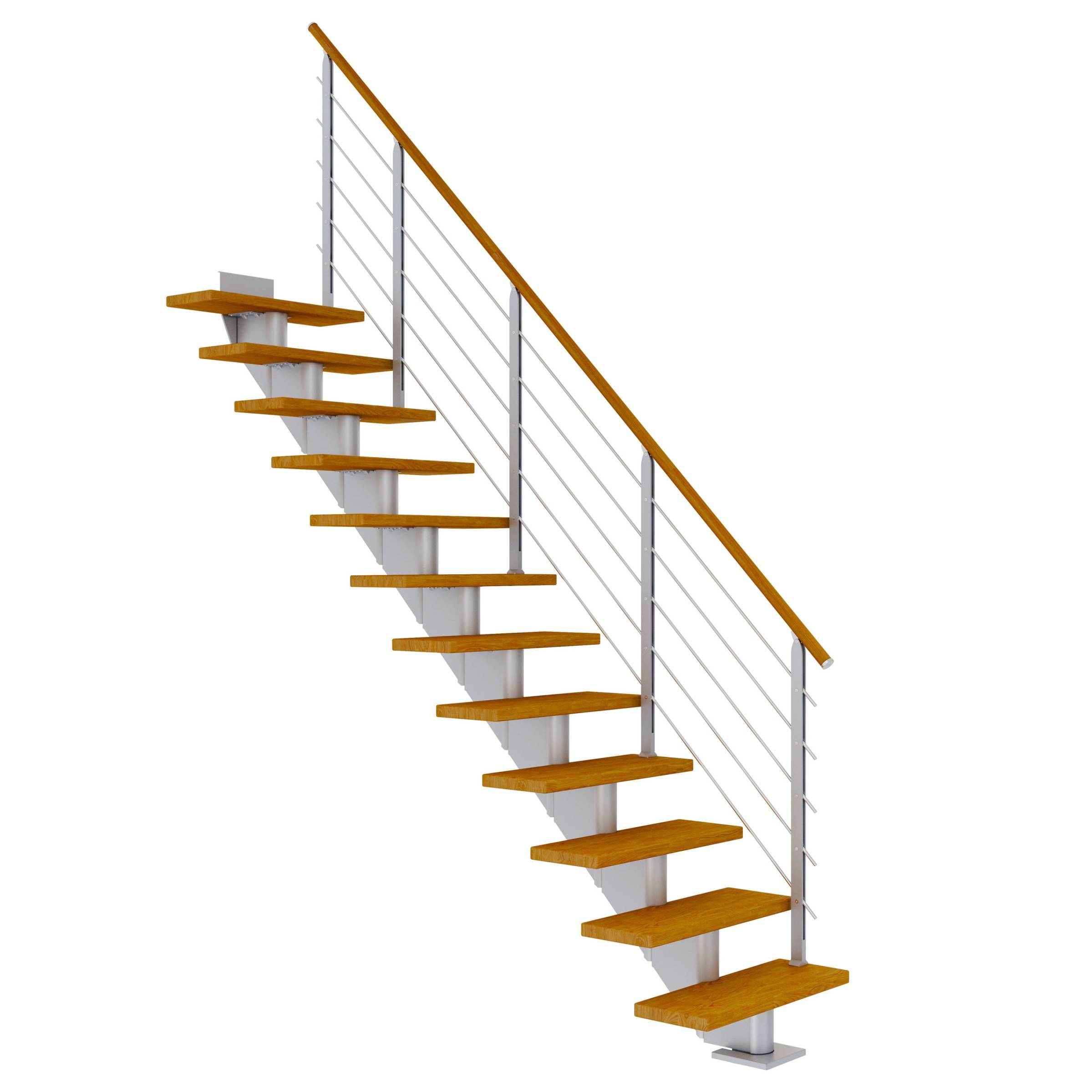 Dolle Mittelholmtreppe Hamburg Gerade Eiche, geölt 85 cm breit für Geschosshöhen 278 – 322 cm UK Metall Perlgrau inkl. einseitigem Designgelände
