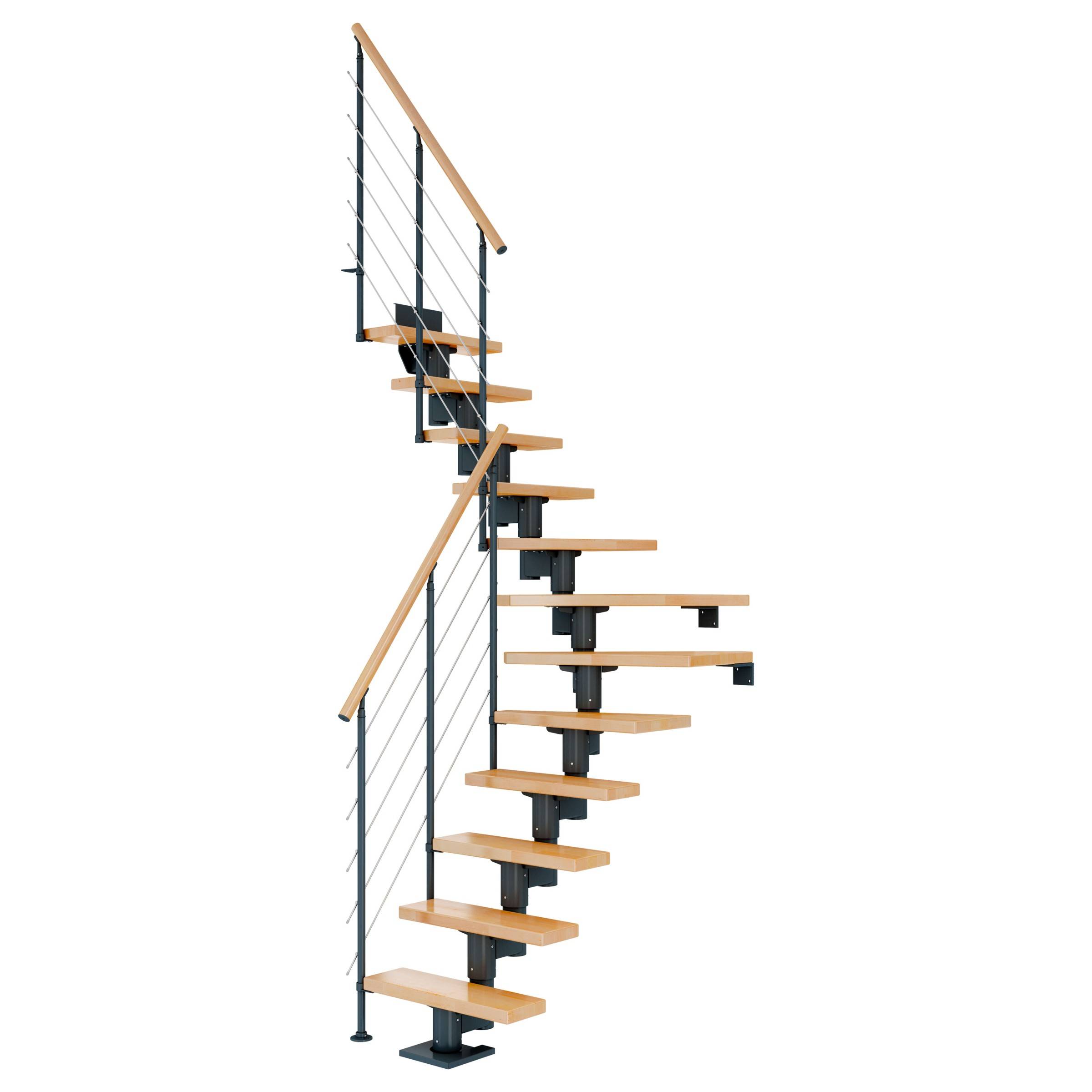Dolle Mittelholmtreppe Dublin 1/4 gewendelt aus Buche lackiert 71 cm breit für GH 240–292 cm UK Metall Anthrazit mitlaufende Edelstahlstäbe