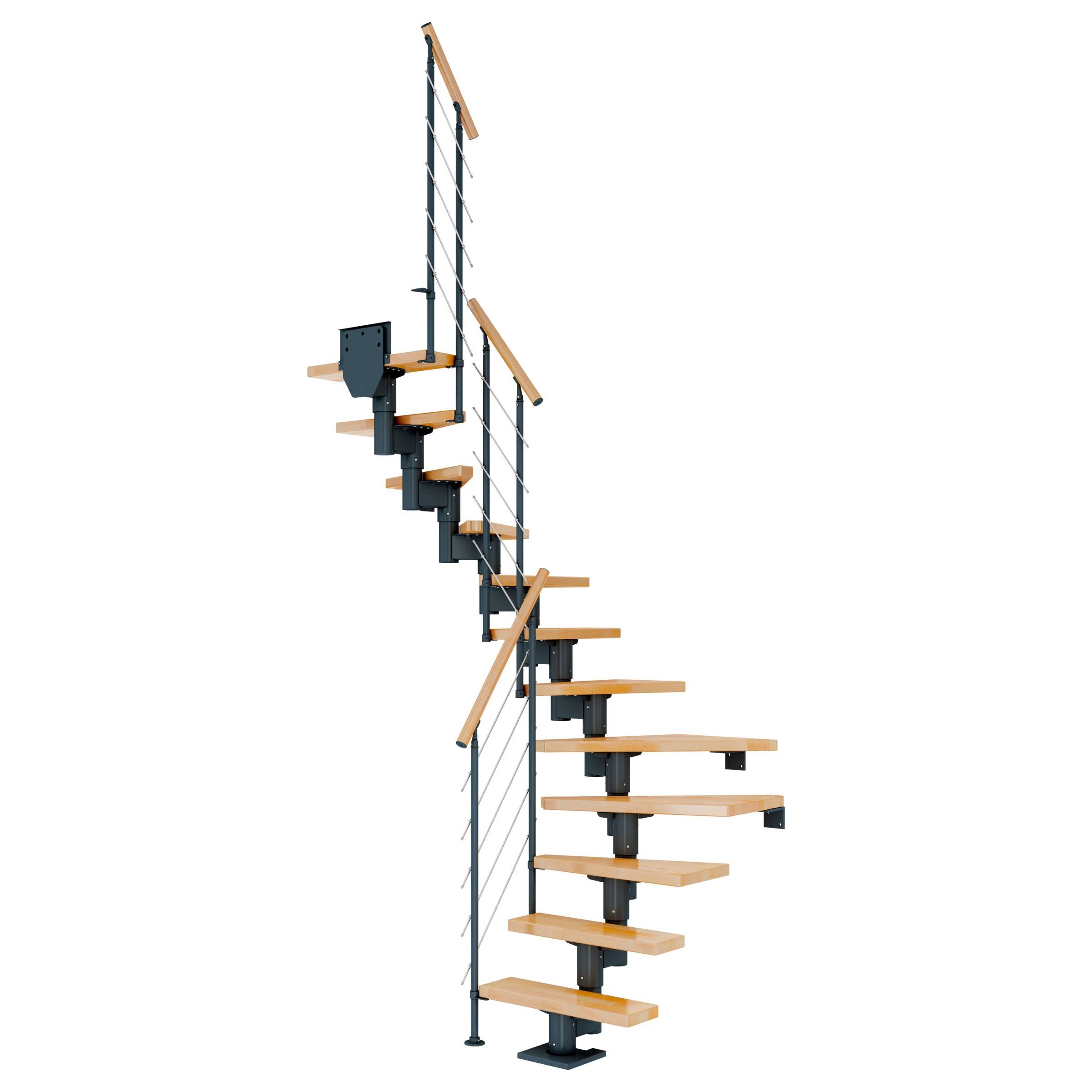 Dolle Mittelholmtreppe Dublin 1/2 gewendelt aus Buche lackiert 61 cm breit für GH 278–337 cm UK Metall Anthrazit mitlaufende Edelstahlstäbe