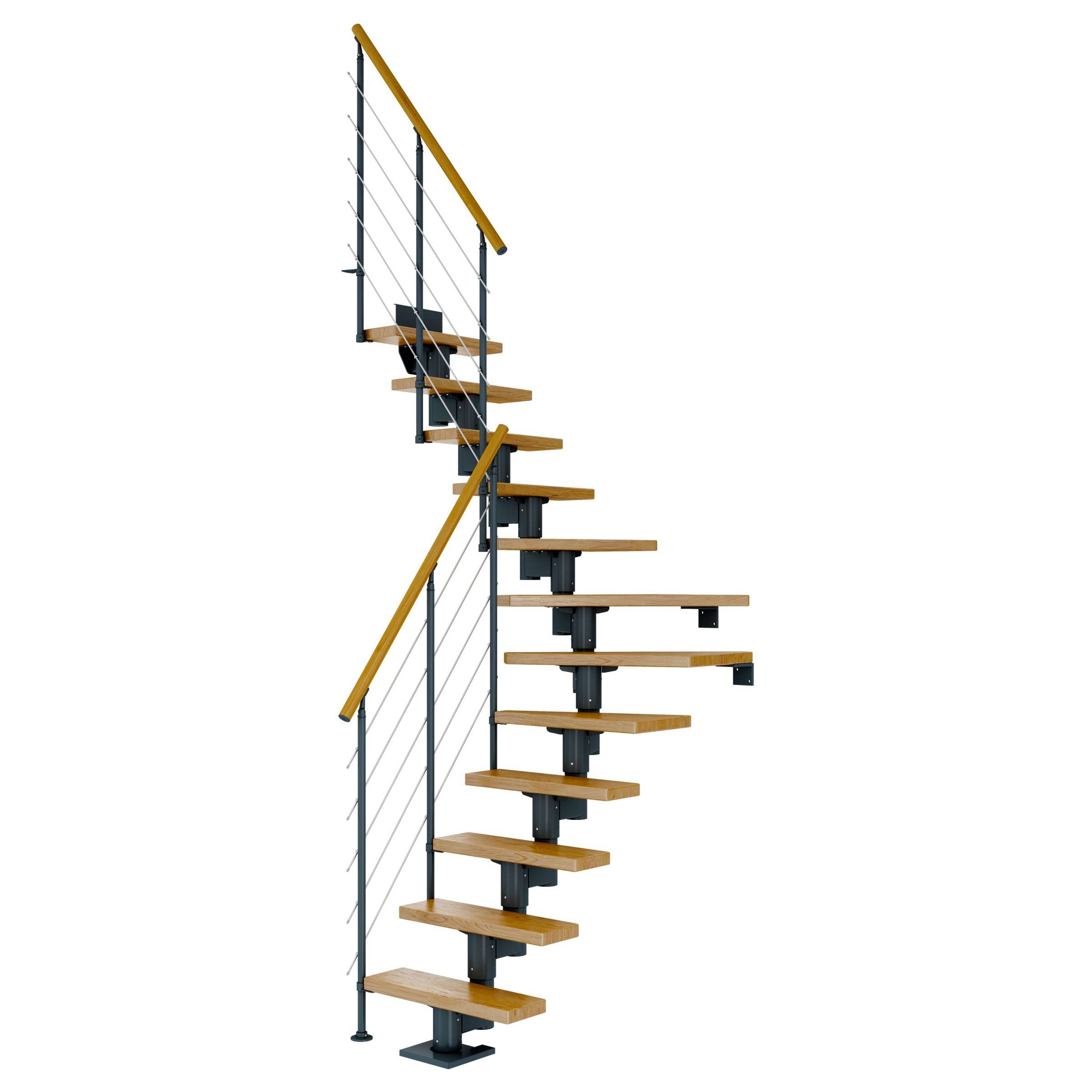 Dolle Mittelholmtreppe Dublin 1/4 gewendelt aus Eiche lackiert 71 cm breit für GH 278–337 cm UK Metall Anthrazit mitlaufende Edelstahlstäbe