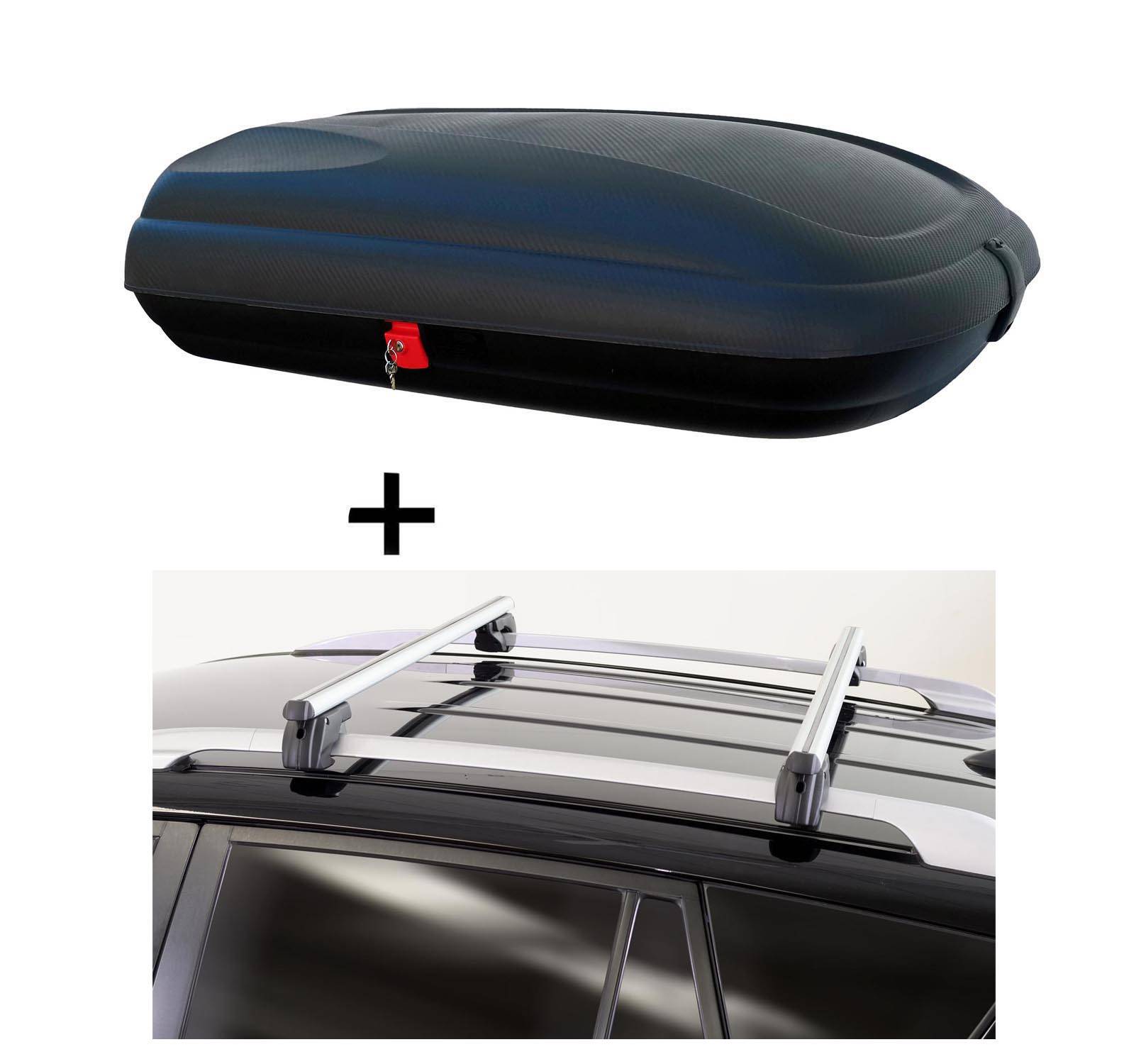 Dachbox VDPBA320 320 Liter carbonlook abschließbar + Dachträger Sherman kompatibel mit für Kia Grand Carnival /Grand Sedona (VQ) 5 Türer 06-11