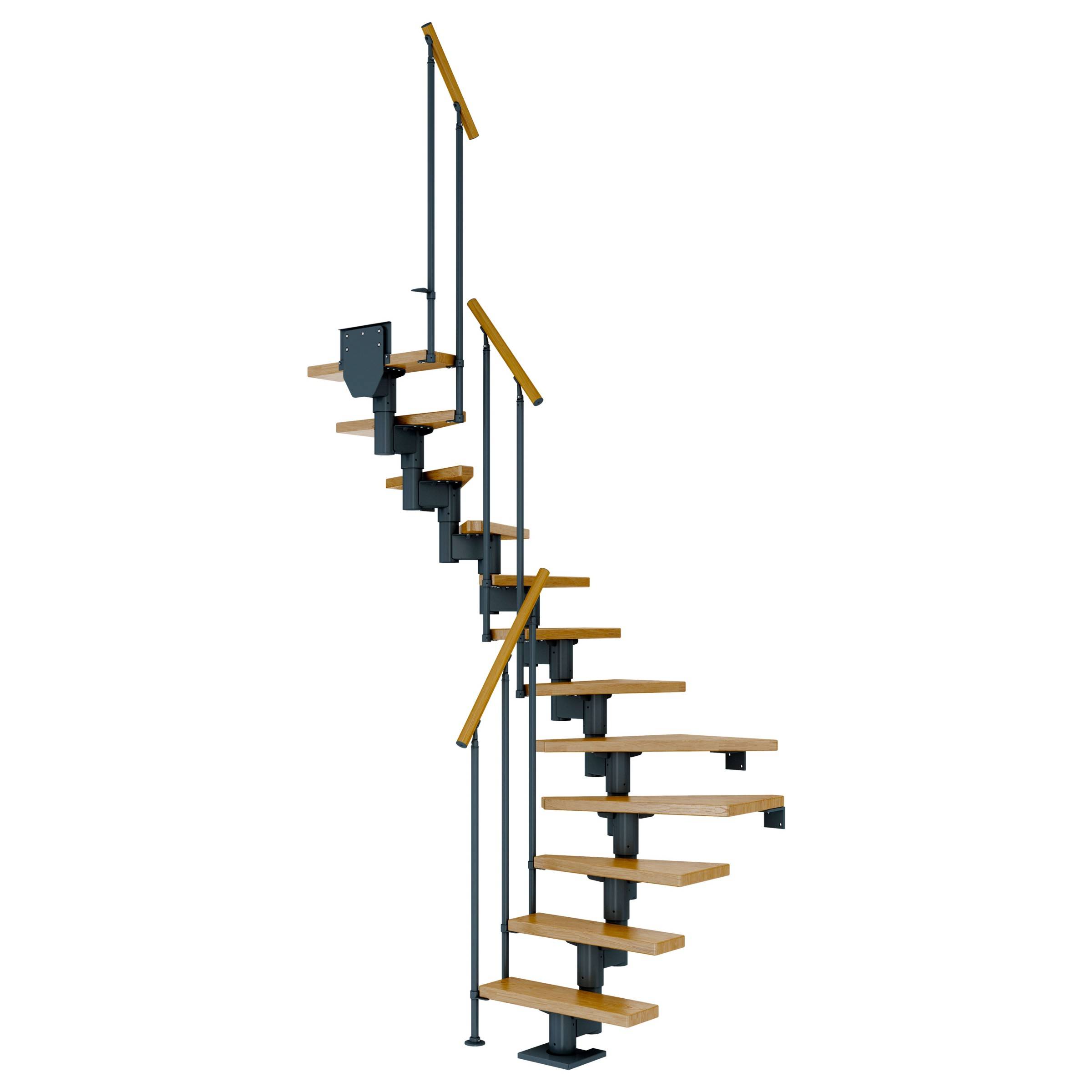 Dolle Mittelholmtreppe Dublin 1/2 gewendelt aus Eiche lackiert 71 cm breit für GH 278–337 cm UK Metall Anthrazit mit Einzelstabgeländer