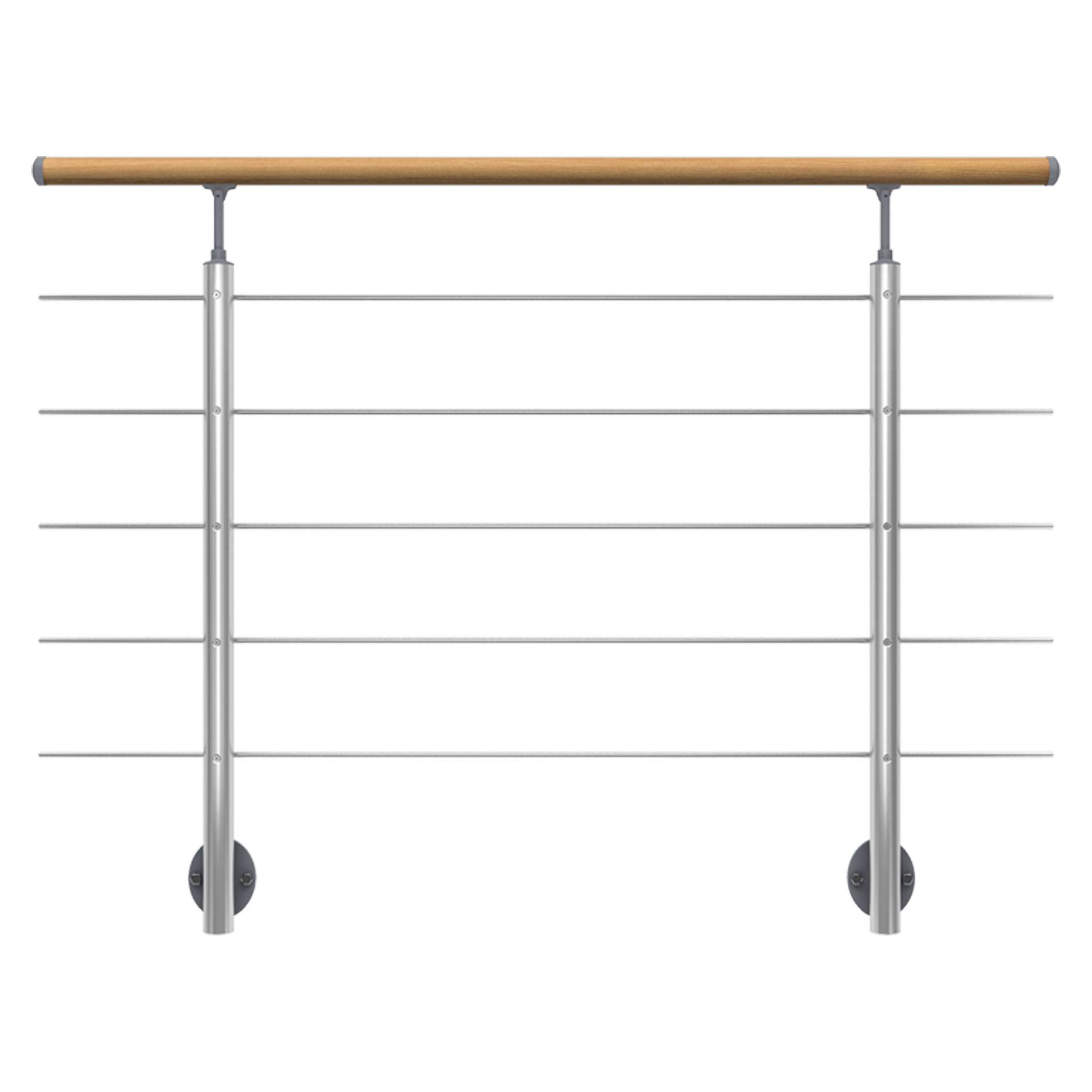 Dolle Brüstungsgeländer zur Wandmontage 1,5m Aluminium mitlaufende Edelstahlstäbe, Pfosten rund Handlauf Eiche versiegelt, rund