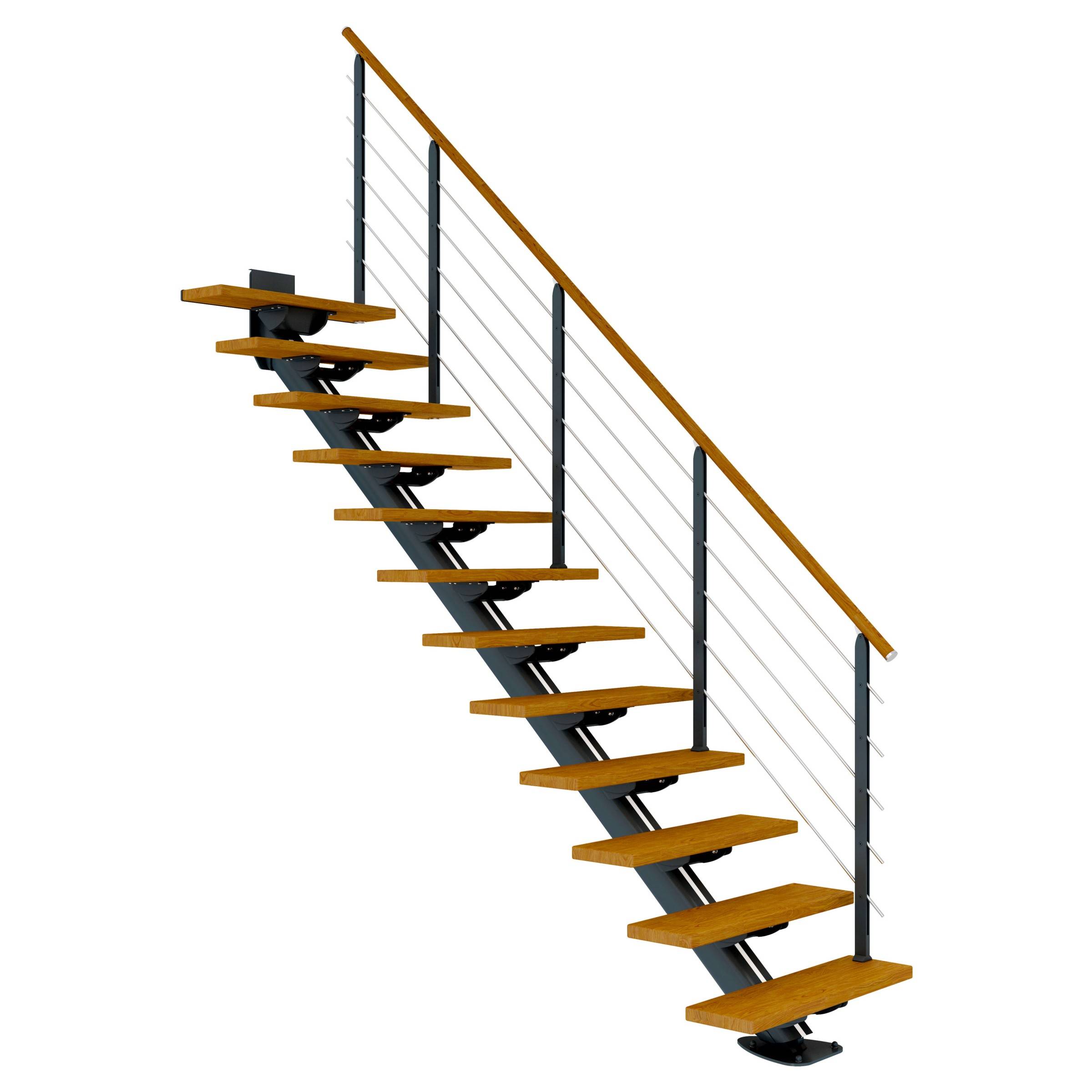 Dolle Mittelholmtreppe Sydney in Eiche, geölt 75 cm breit Gerade für Geschosshöhen 222 – 270 cm UK Metall Anthrazit mit einseitigem Designgeländ