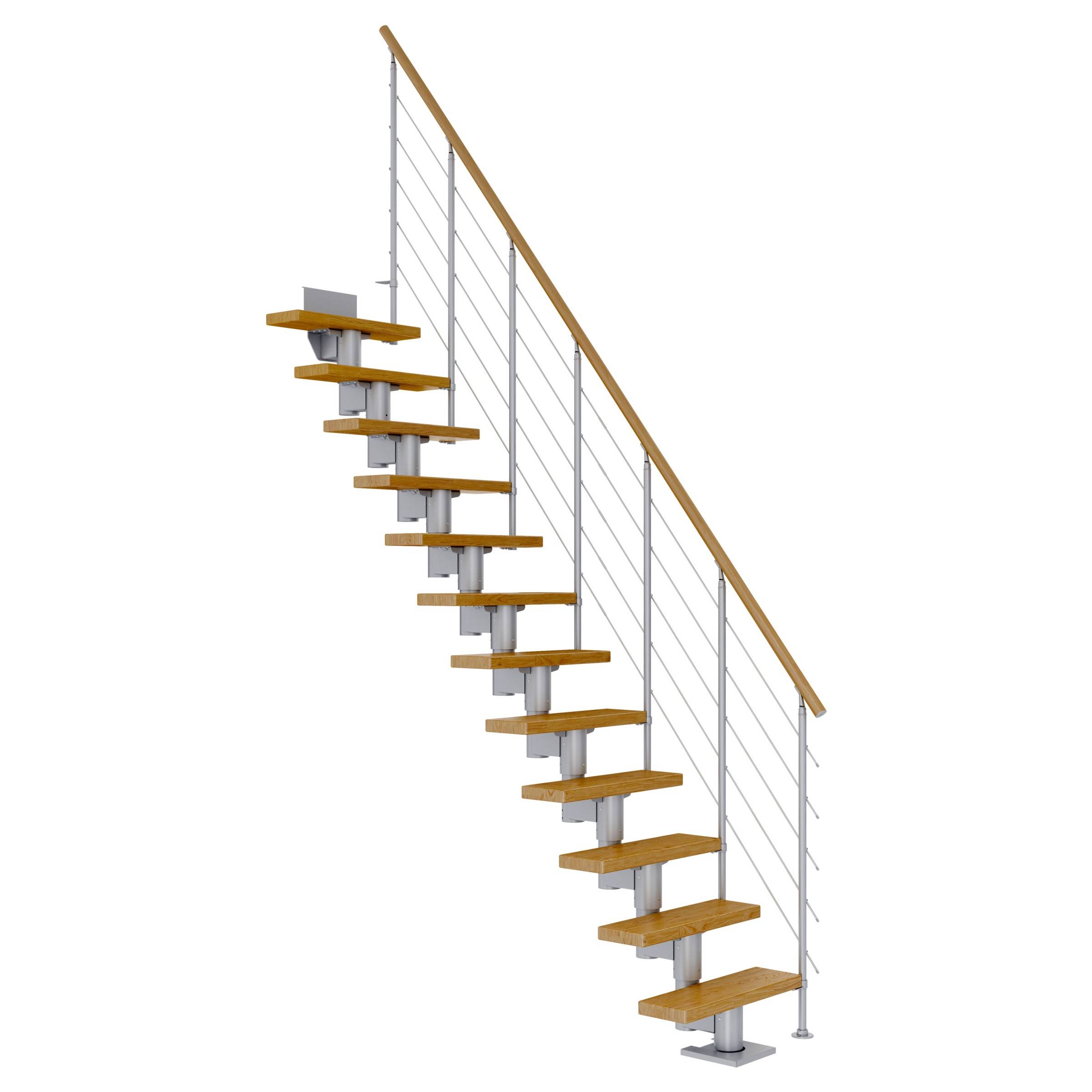 Dolle Mittelholmtreppe Dublin Gerade aus Eiche lackiert 61 cm breit für GH 278–337 cm UK Metall Perlgrau mitlaufende Edelstahlstäbe