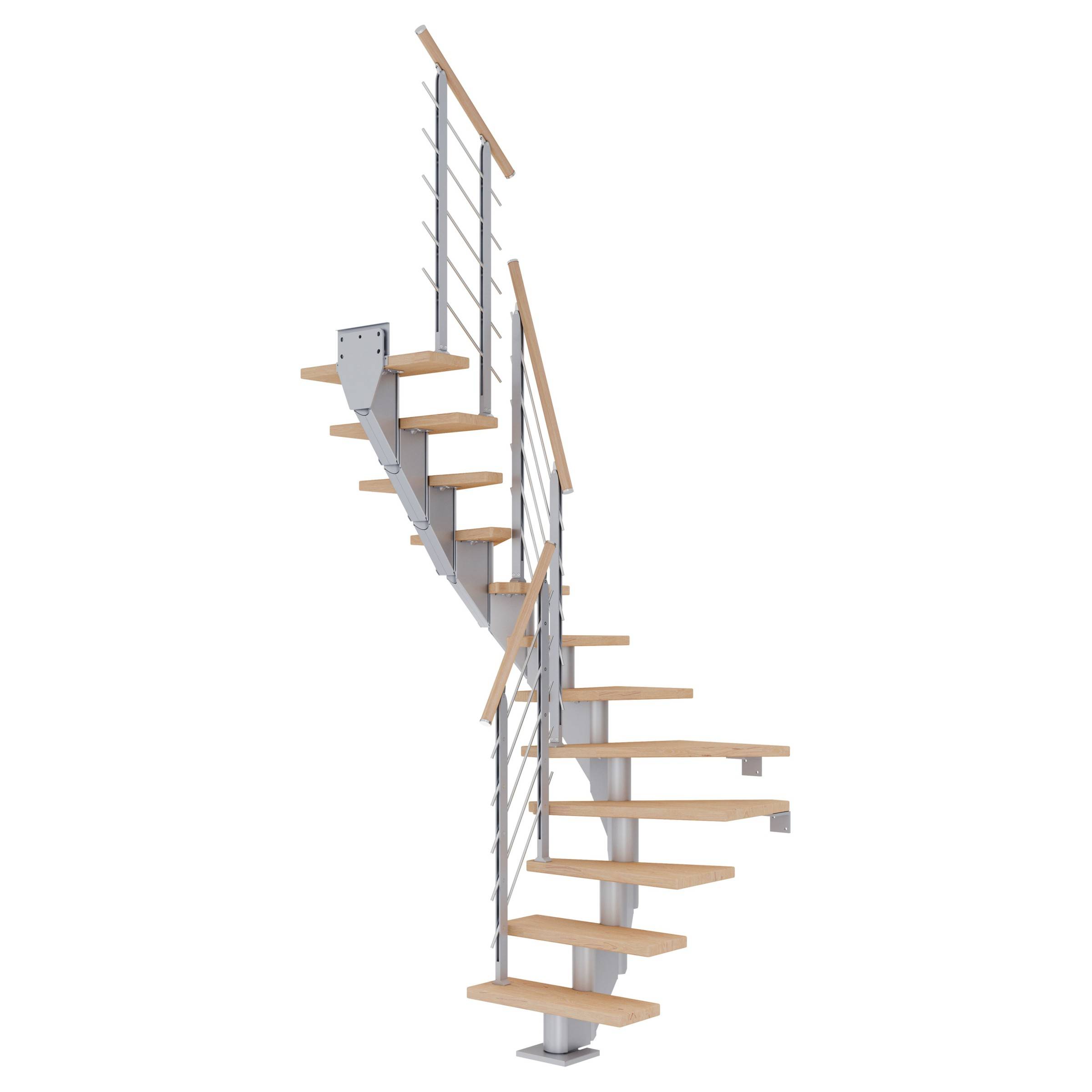 Dolle Mittelholmtreppe Frankfurt 1/2 gewendelt Eiche weiß, geölt 75 cm breit für GH 222 – 258 cm UK Metall Perlgrau mit Geländer