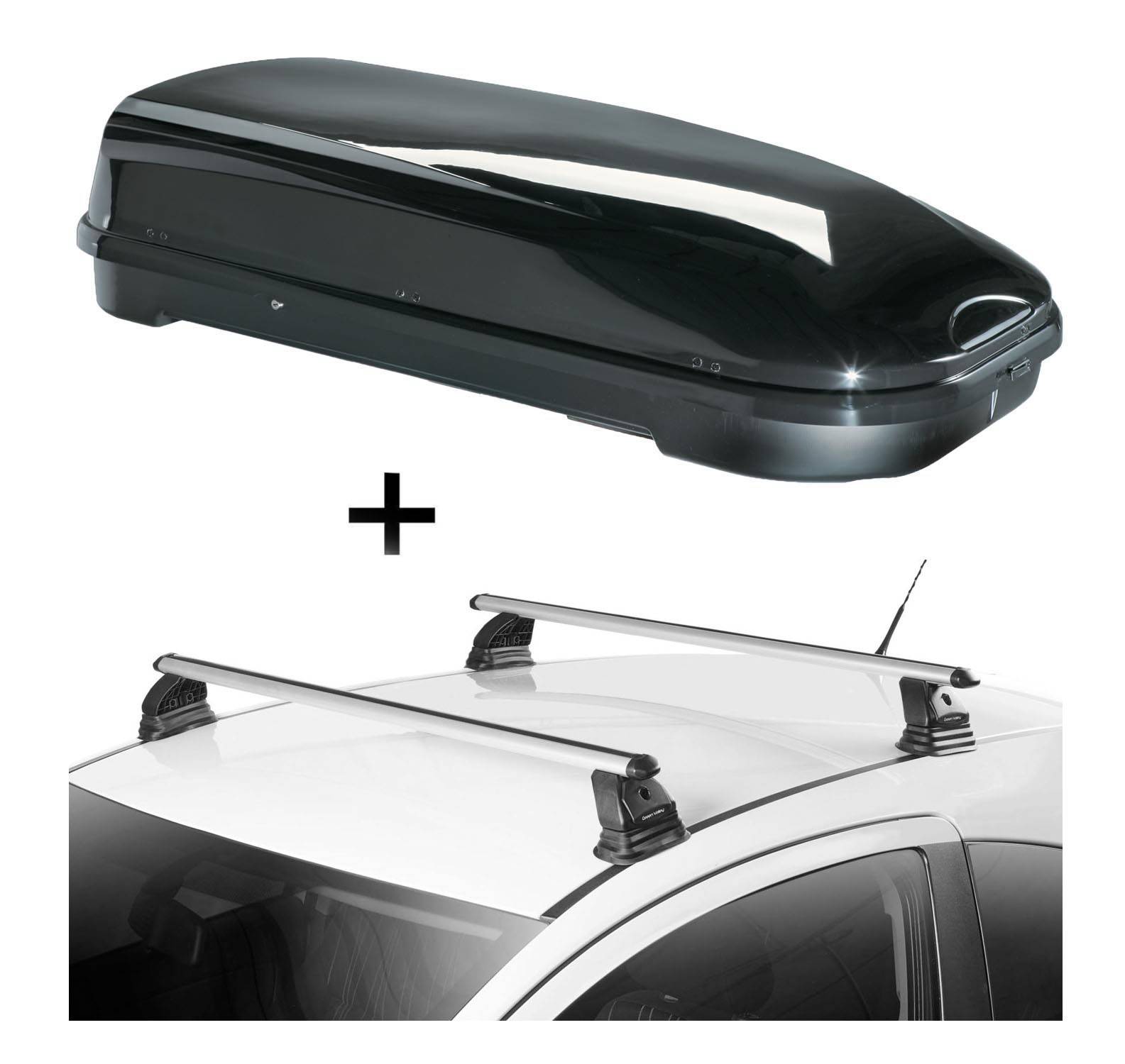 Dachbox VDPFL580 580 Liter schwarz glänzend + Dachträger VDP EVO ALU kompatibel mit Bmw Serie 3 (E90) 4 Türer 2005-2012