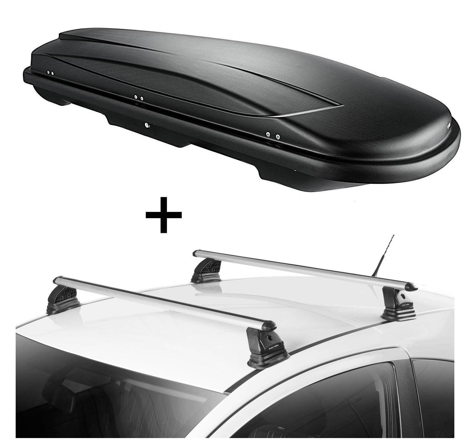 Dachbox VDPJUXT500 500 Liter abschließbar schwarz + Dachträger VDP EVO ALU kompatibel mit für Ford Connect 3-5 Türer 2002-2012