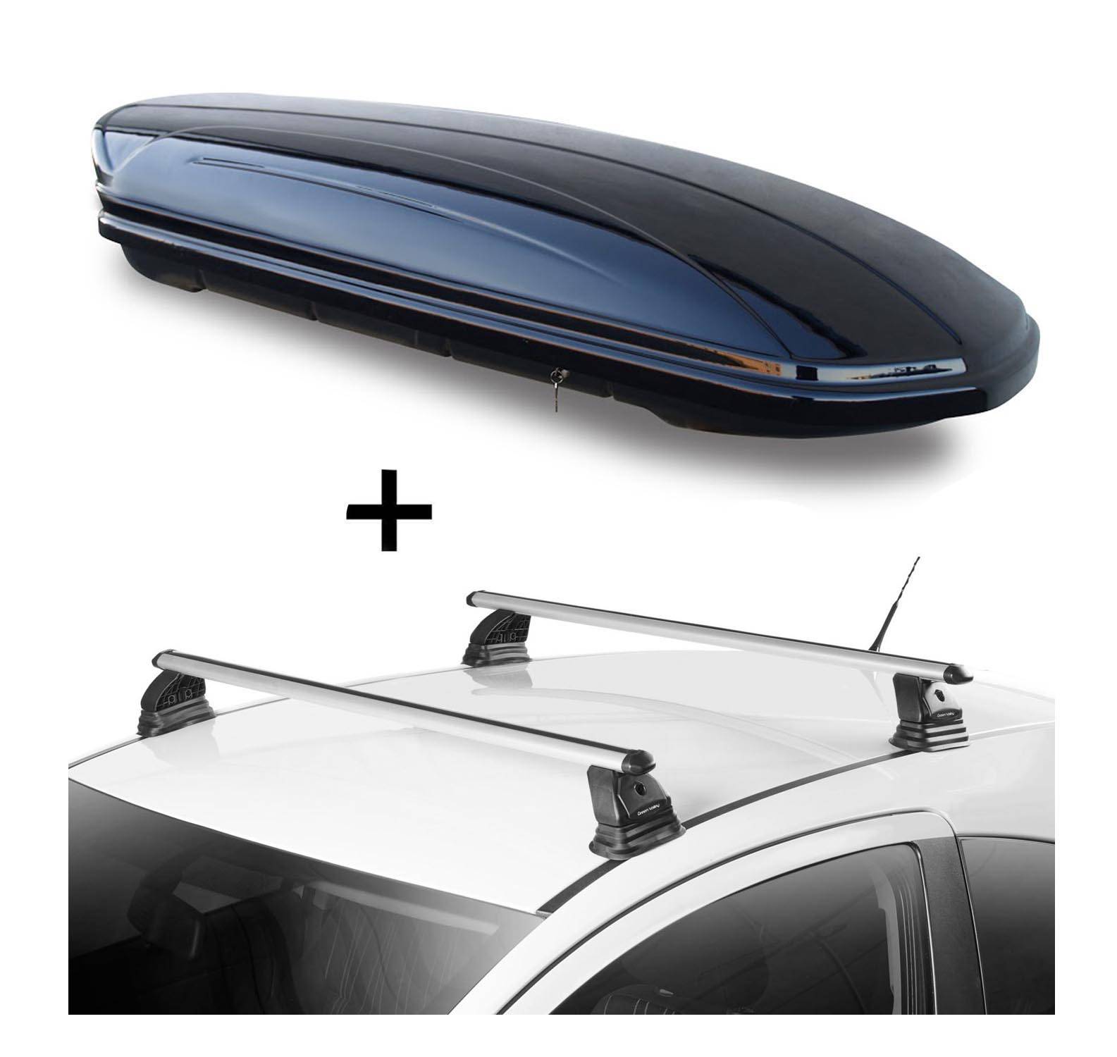 Dachbox VDPMAA460 460 Liter schwarz glänzend abschließbar + Dachträger VDP EVO ALU kompatibel mit für Mercedes CLA Shooting Brake (X117) 5 Türer
