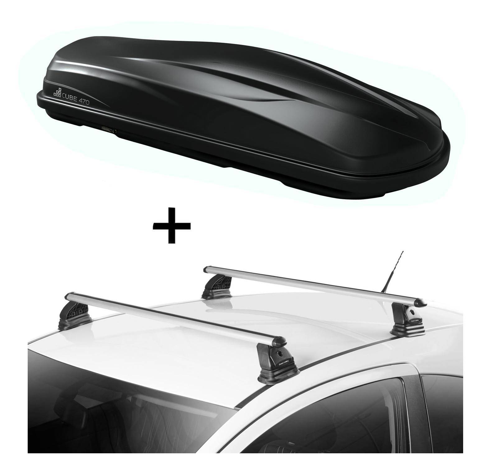 Dachbox CUBE470 470 Liter schwarz glänzend + Dachträger VDP EVO ALU kompatibel mit für Peugeot Bipper 3-5 Türer ab 2007
